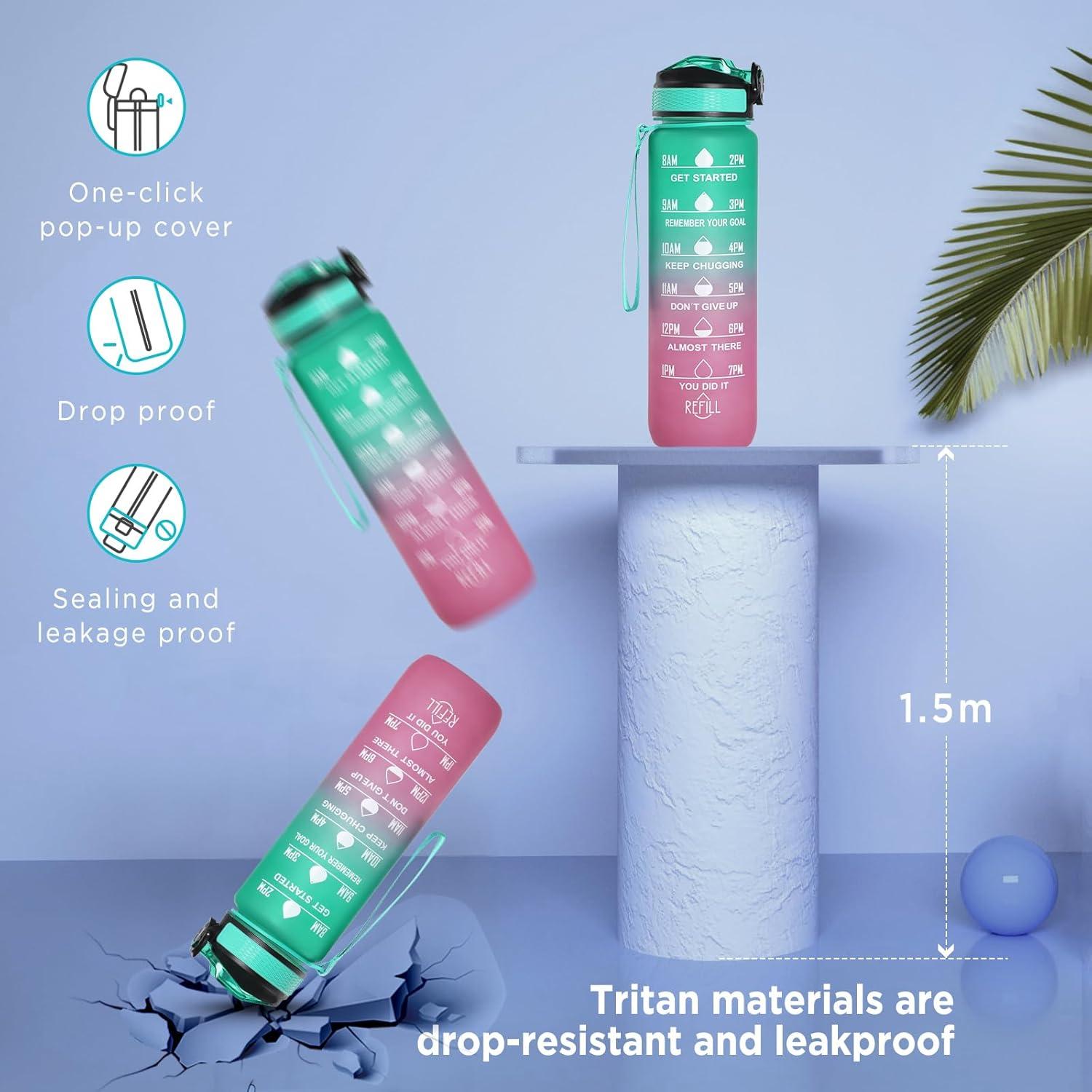 image:imageGeeRic Bouteille deau Bouteille deau de Sport 1000 ML avec chelle et Marqueur de Temps Grande Bouteille deau tanche pour la Salle de Sport en Plein AirDgrad Vert et Violet