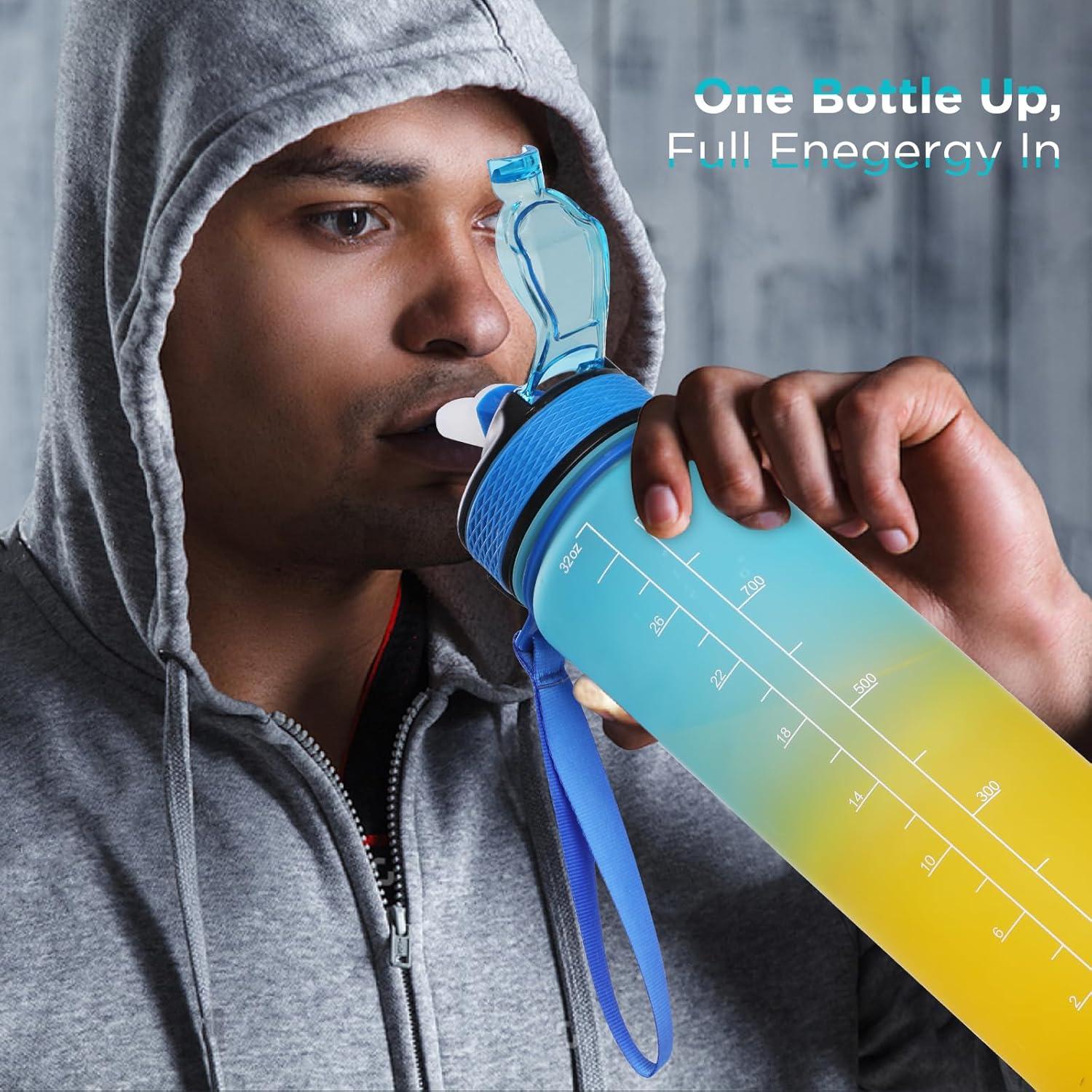 image:imageGeeRic Bouteille deau Bouteille deau de Sport 1000 ML avec chelle et Marqueur de Temps Grande Bouteille deau tanche pour la Salle de Sport en Plein AirDgrad Bleu et Jaune