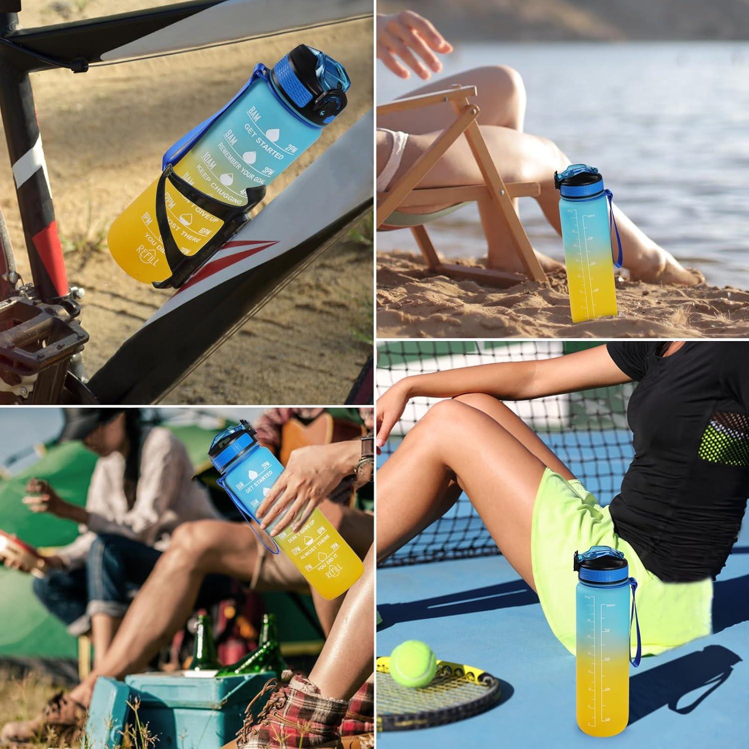 image:imageGeeRic Bouteille deau Bouteille deau de Sport 1000 ML avec chelle et Marqueur de Temps Grande Bouteille deau tanche pour la Salle de Sport en Plein AirDgrad Bleu et Jaune