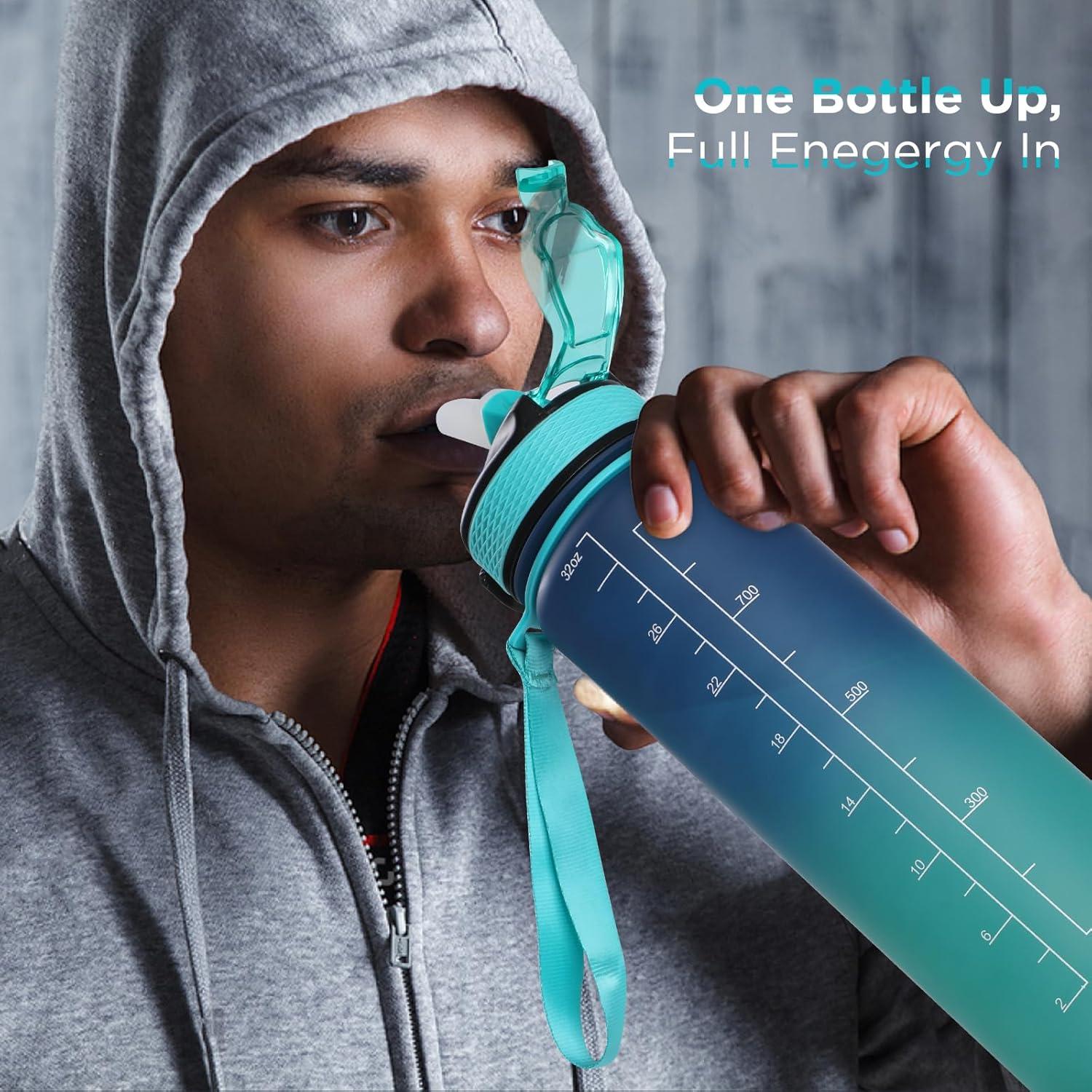 image:imageGeeRic Bouteille deau Bouteille deau de Sport 1000 ML avec chelle et Marqueur de Temps Grande Bouteille deau tanche pour la Salle de Sport en Plein AirDgrad Bleu