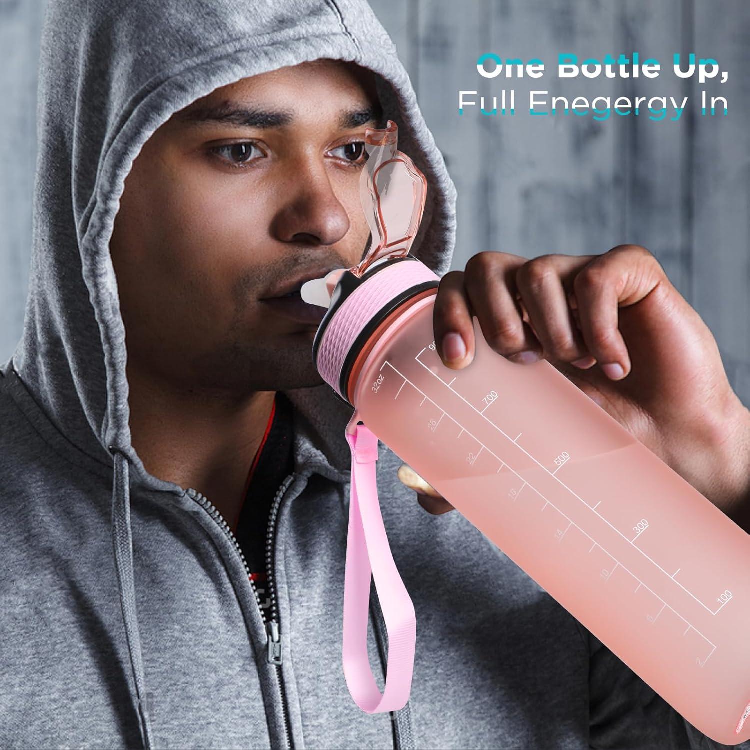 image:imageGeeRic Bouteille deau Bouteille deau de Sport 1000 ML avec chelle et Marqueur de Temps Grande Bouteille deau tanche pour la Salle de Sport en Plein AirRose