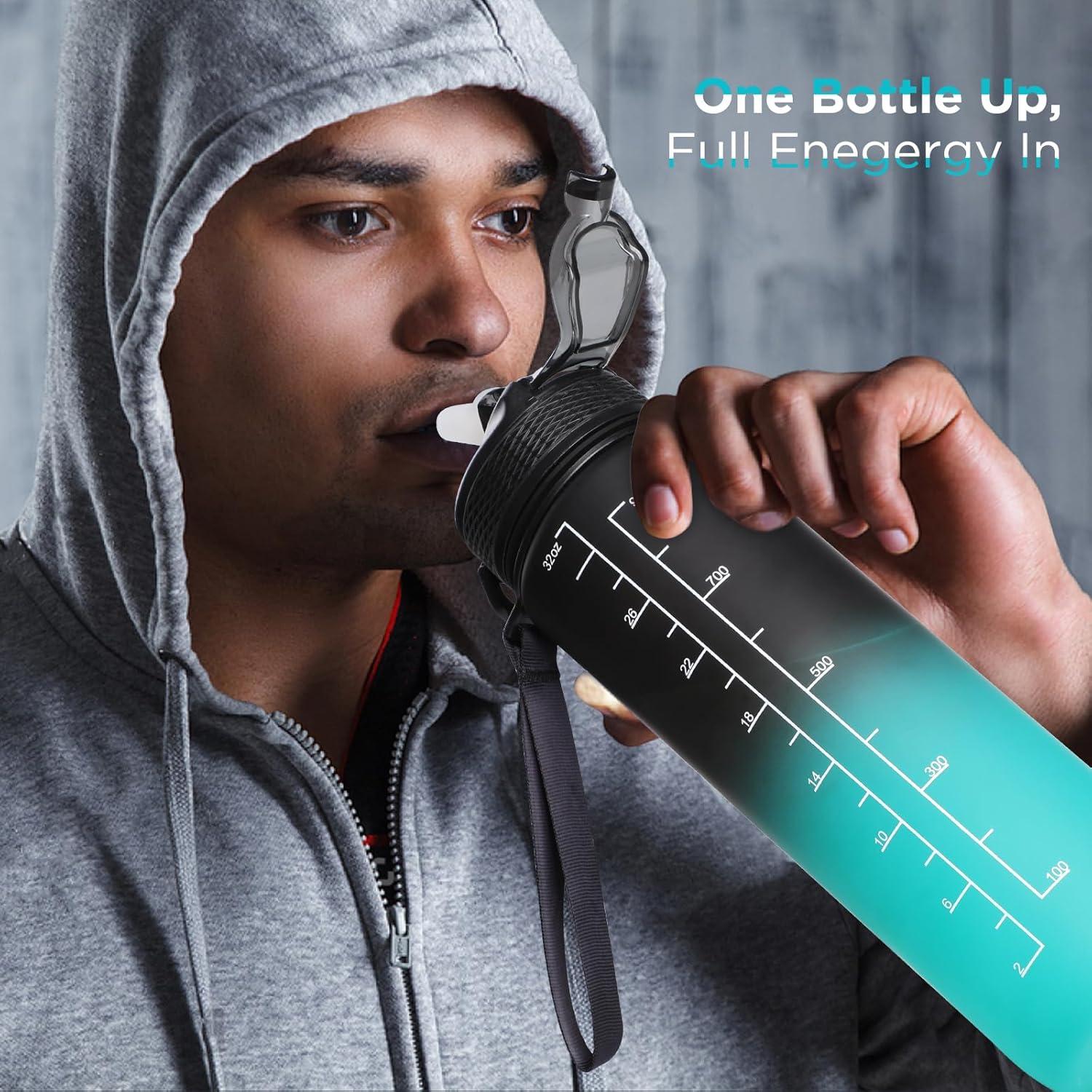 image:imageGeeRic Bouteille deau Bouteille deau de Sport 1000 ML avec chelle et Marqueur de Temps Grande Bouteille deau tanche pour la Salle de Sport en Plein AirNoir et Vert