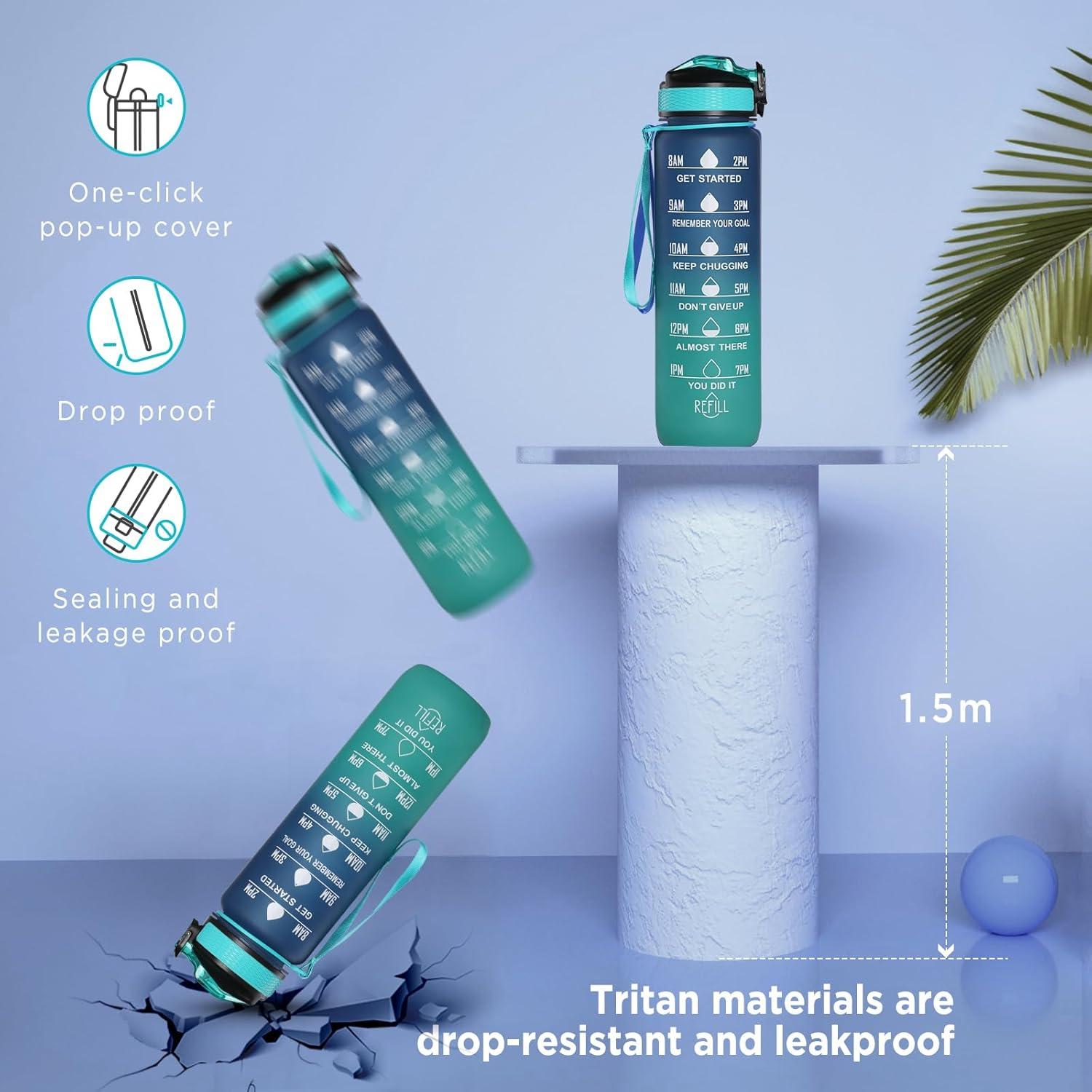 image:imageGeeRic Bouteille deau Bouteille deau de Sport 1000 ML avec chelle et Marqueur de Temps Grande Bouteille deau tanche pour la Salle de Sport en Plein AirDgrad Bleu