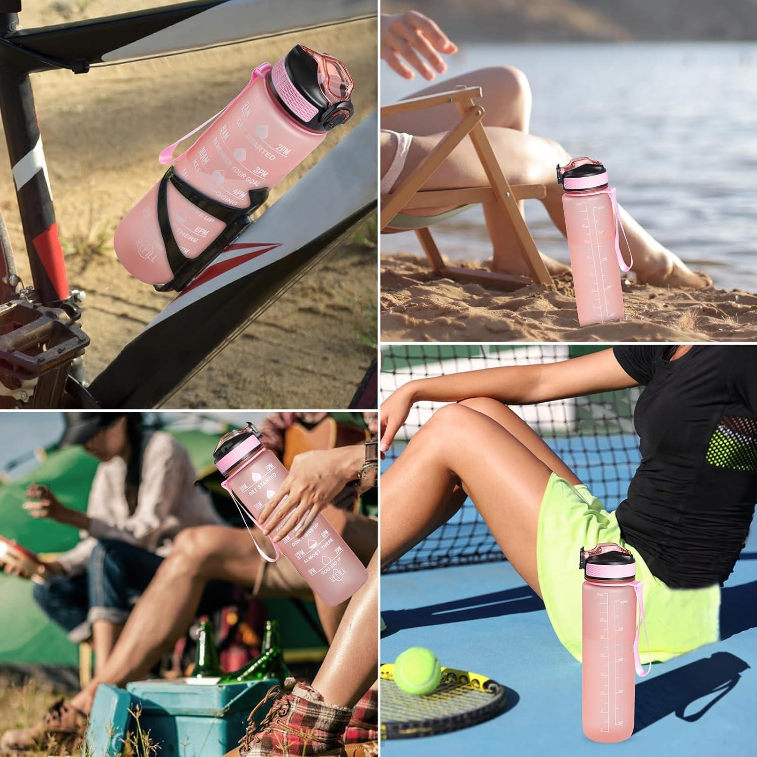image:imageGeeRic Bouteille deau Bouteille deau de Sport 1000 ML avec chelle et Marqueur de Temps Grande Bouteille deau tanche pour la Salle de Sport en Plein AirRose