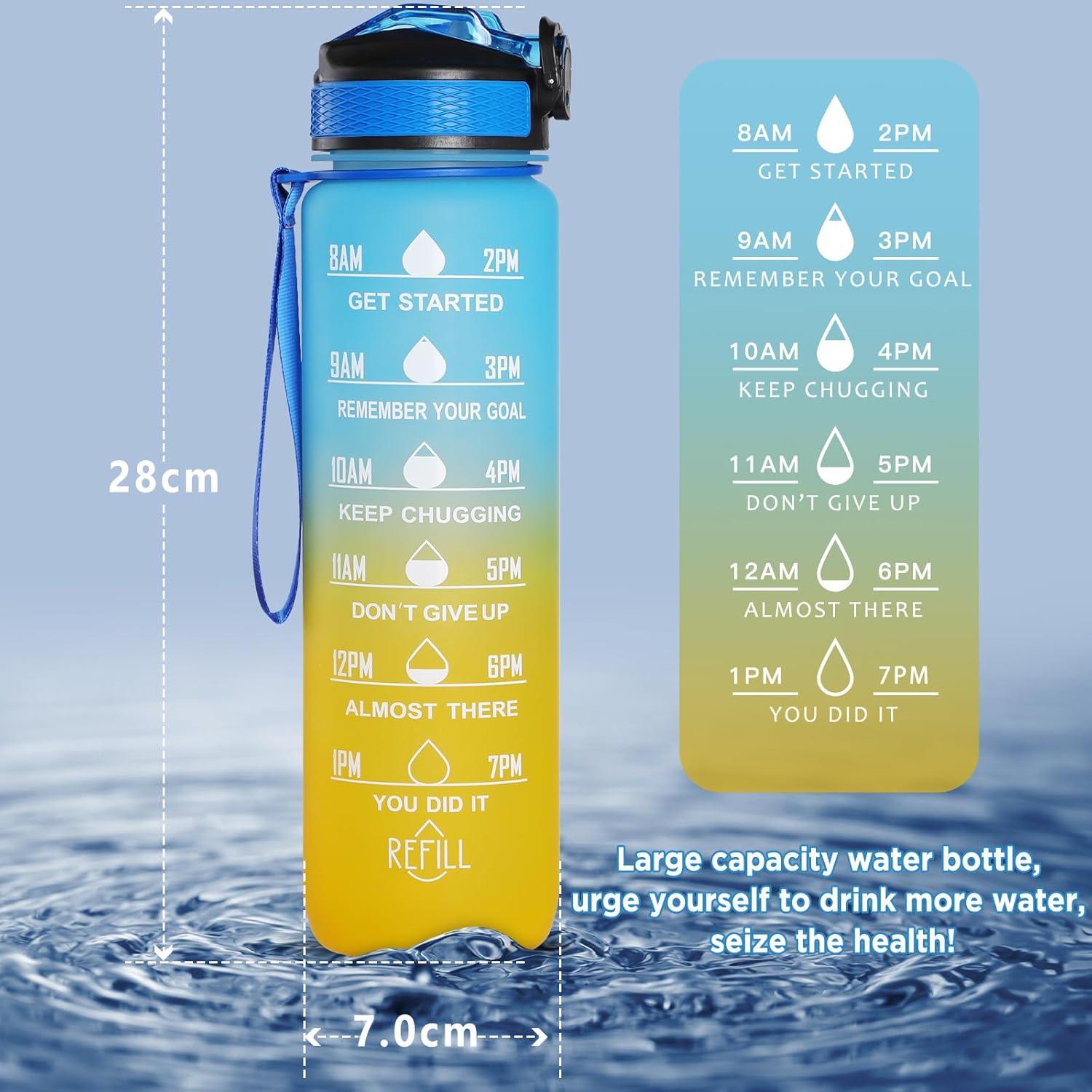 image:imageGeeRic Bouteille deau Bouteille deau de Sport 1000 ML avec chelle et Marqueur de Temps Grande Bouteille deau tanche pour la Salle de Sport en Plein AirDgrad Bleu et Jaune