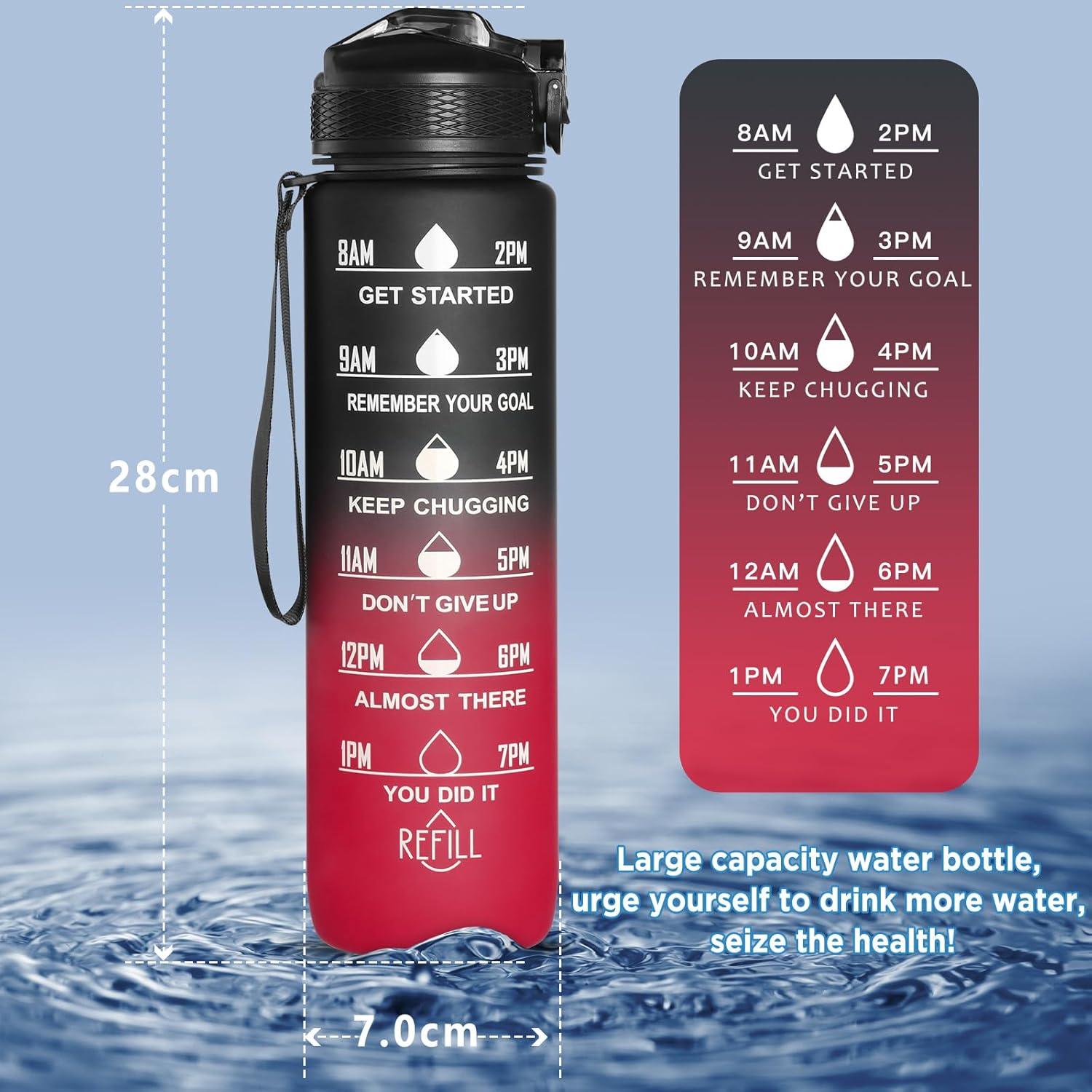 image:imageGeeRic Bouteille deau Bouteille deau de Sport 1000 ML avec chelle et Marqueur de Temps Grande Bouteille deau tanche pour la Salle de Sport en Plein AirNoir et Rouge