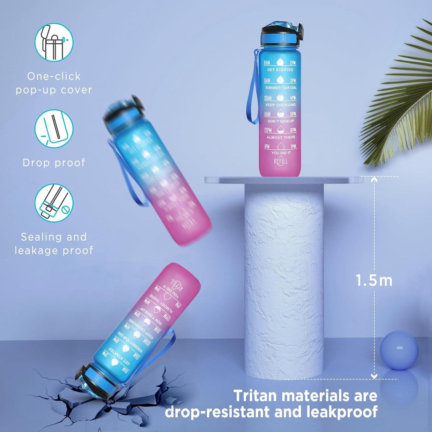 image:imageGeeRic Bouteille deau Bouteille deau de Sport 1000 ML avec chelle et Marqueur de Temps Grande Bouteille deau tanche pour la Salle de Sport en Plein AirBleu et Violet