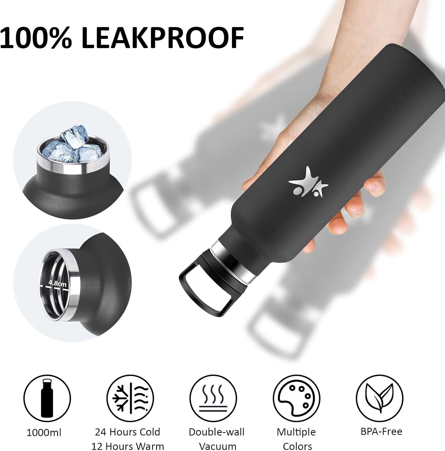 image:imageGourde 1l Gourde Isotherme Sans BPA Bouteille Isotherme Paille Anti Fuite Bouteille Inox Acier Inoxydable 188 Bouteille deau Double Isolation pour Randonne Camping Aptitude SportNoir