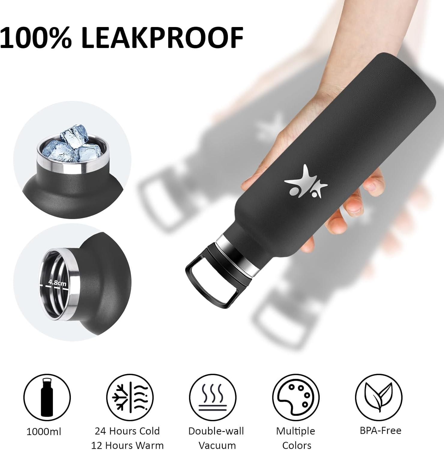 image:imageGourde 1l Gourde Isotherme Sans BPA Bouteille Isotherme Paille Anti Fuite Bouteille Inox Acier Inoxydable 188 Bouteille deau Double Isolation pour Randonne Camping Aptitude SportNoir