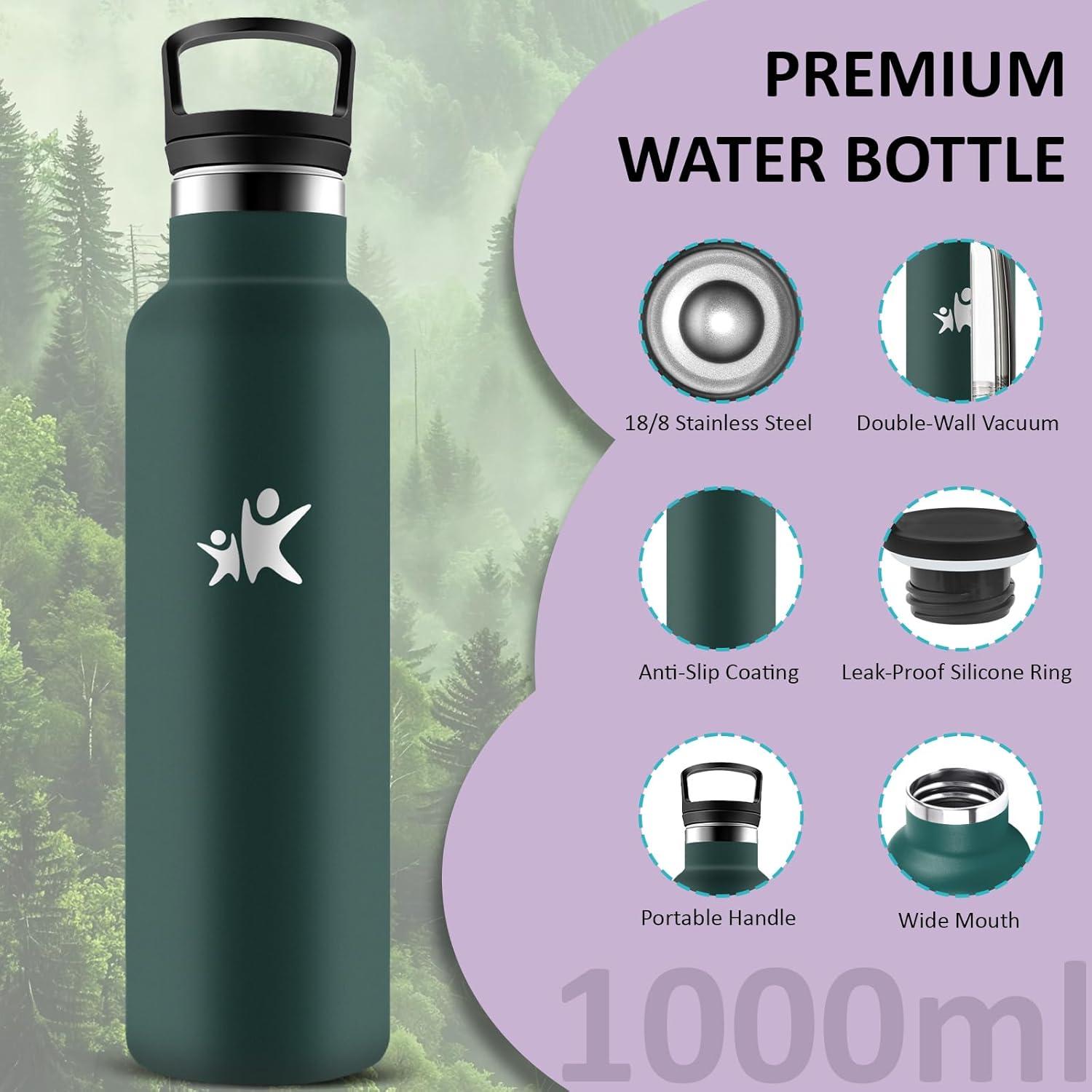 image:imageGourde 1l Gourde Isotherme Sans BPA Bouteille Isotherme Paille Anti Fuite Bouteille Inox Acier Inoxydable 188 Bouteille deau Double Isolation pour Randonne Camping Aptitude SportVert Kaki