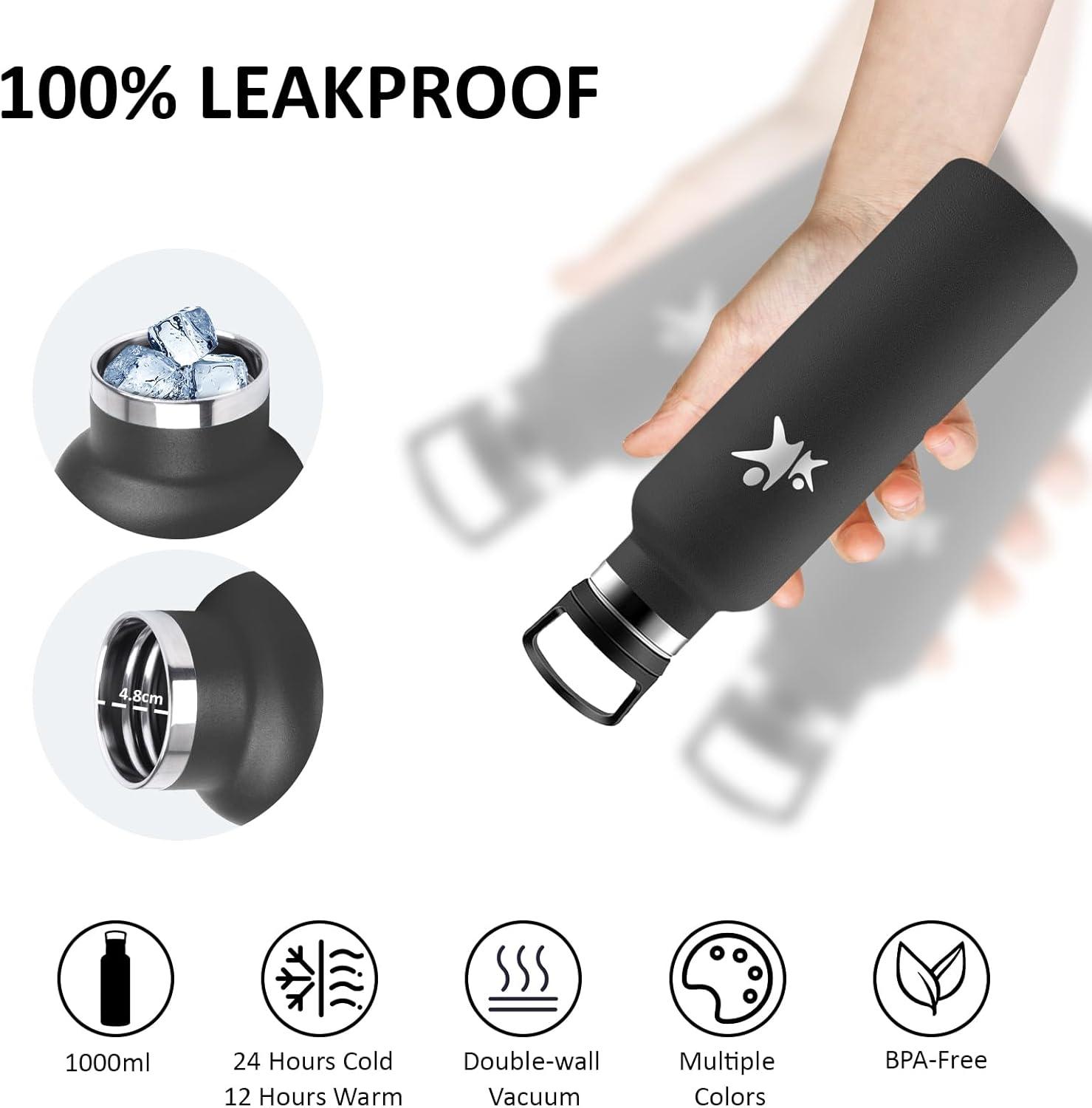 image:imageGourde 1l Gourde Isotherme Sans BPA Bouteille Isotherme Paille Anti Fuite Bouteille Inox Acier Inoxydable 188 Bouteille deau Double Isolation pour Randonne Camping Aptitude SportNoir