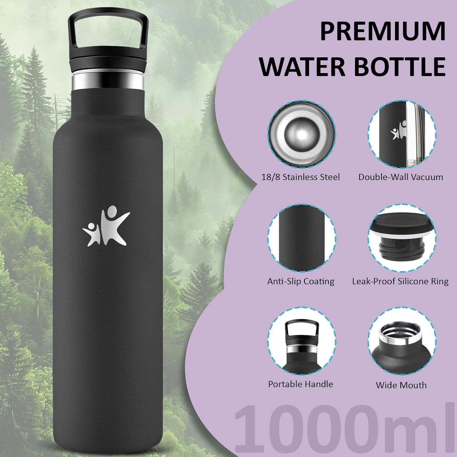 image:imageGourde 1l Gourde Isotherme Sans BPA Bouteille Isotherme Paille Anti Fuite Bouteille Inox Acier Inoxydable 188 Bouteille deau Double Isolation pour Randonne Camping Aptitude SportNoir