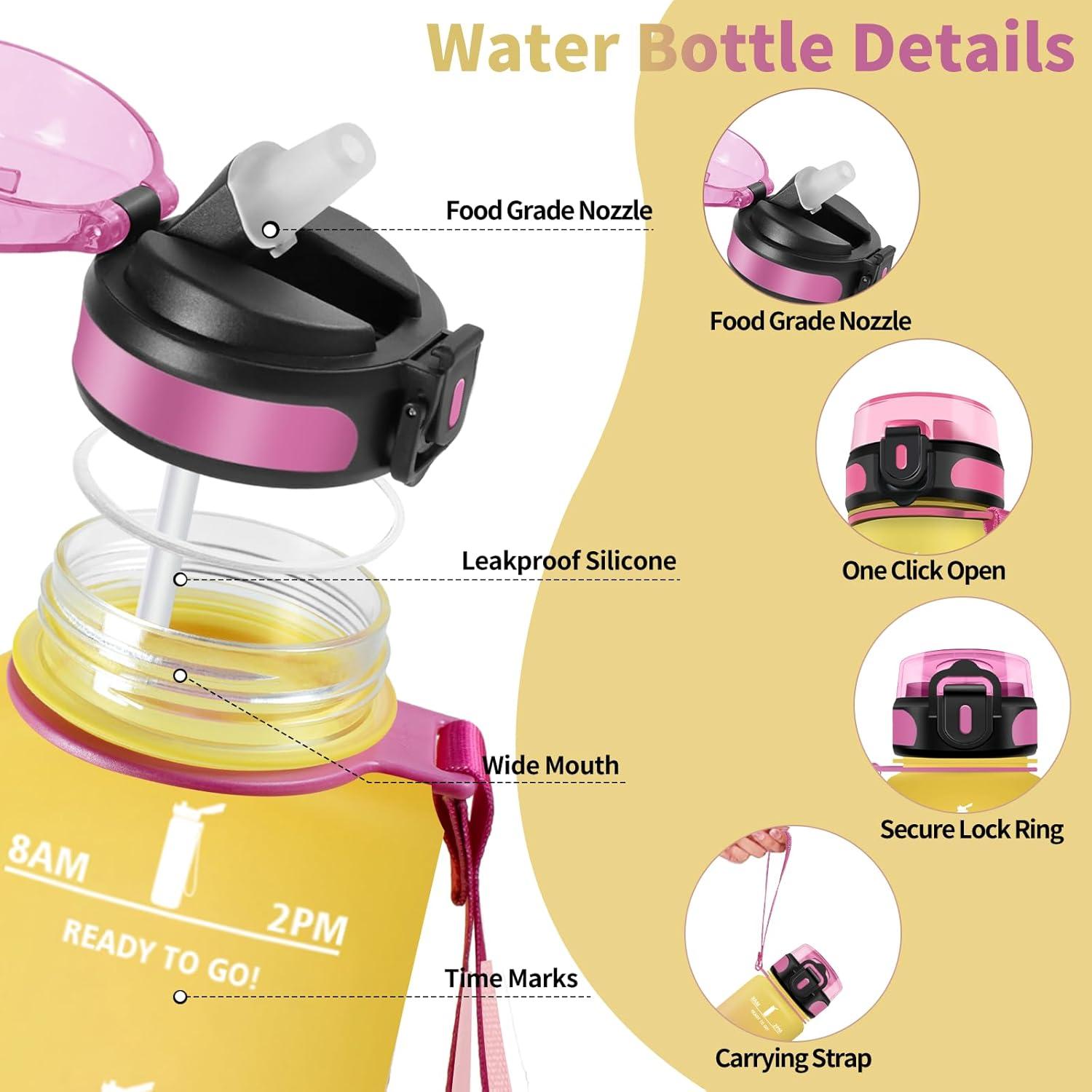 image:imageHoneyHolly Gourde 15L Bouteille Gourde Sport avec Paille Gourde Motivation avec Marqueur de Temps Bouteille deau tanche Bouteille deau pour Randonne Camping Fitness CyclismeGiallo Rosa 1500ml