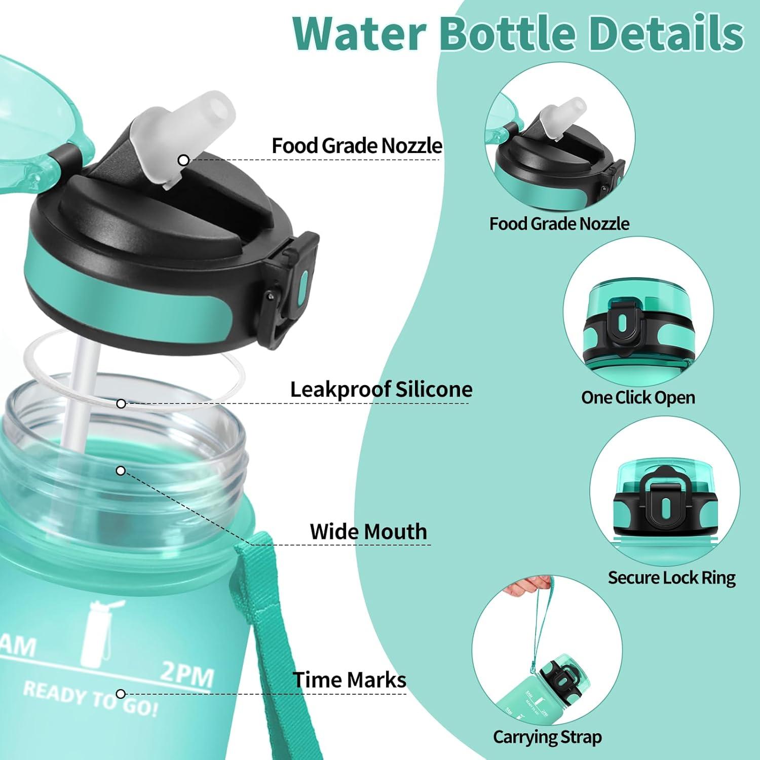 image:imageHoneyHolly Gourde 15L Bouteille Gourde Sport avec Paille Gourde Motivation avec Marqueur de Temps Bouteille deau tanche Bouteille deau pour Randonne Camping Fitness CyclismeBlu Verde 1000ml