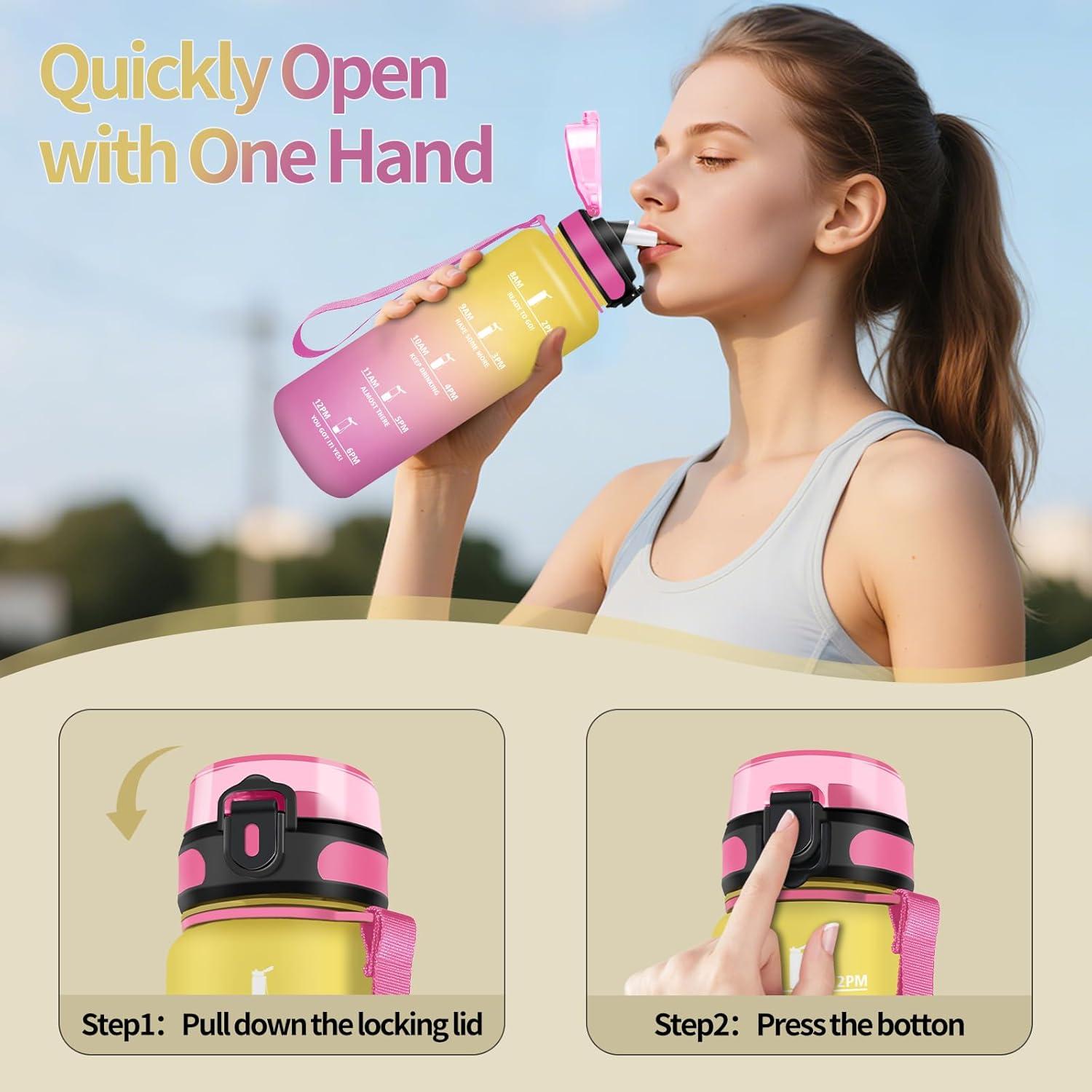 image:imageHoneyHolly Gourde 15L Bouteille Gourde Sport avec Paille Gourde Motivation avec Marqueur de Temps Bouteille deau tanche Bouteille deau pour Randonne Camping Fitness CyclismeGiallo Rosa 1500ml