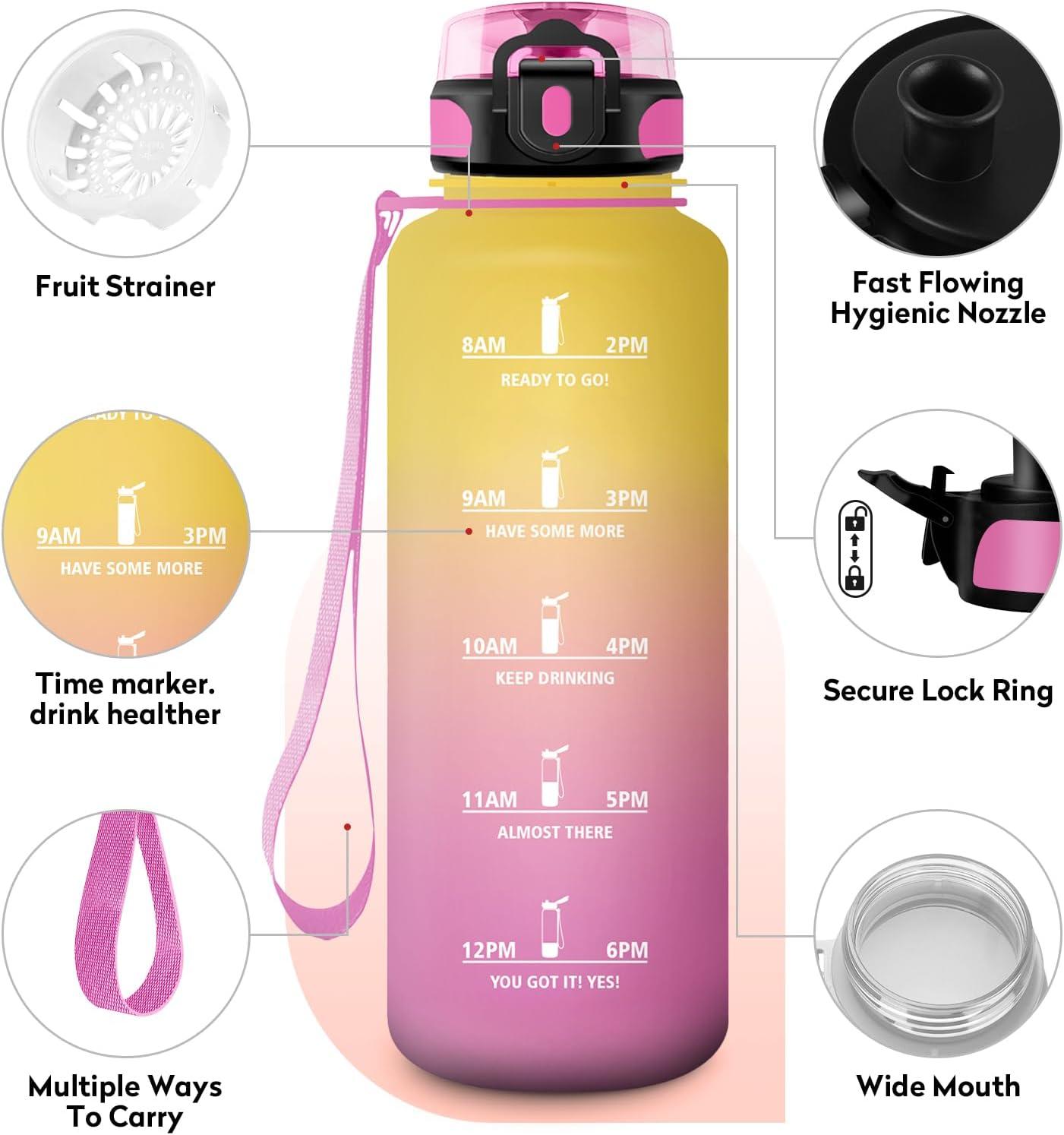 image:imageKollyKolla Gourde 15L Gourde Sport Bouteille Gym tanche ampamp Rutilisable Bouteille deau avec Marqueur de Temps Gourdes Gradue pour 1 Journee sans BPA lcole Voyage Camping Randonne50oz1500ml Jaune Rose