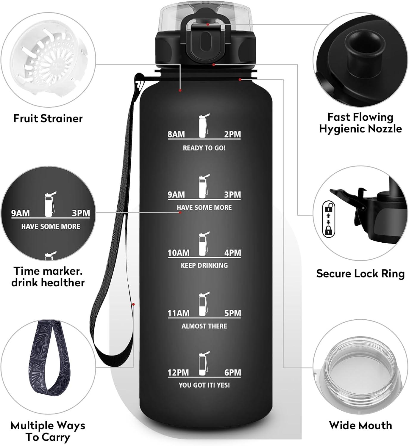image:imageKollyKolla Gourde 15L Gourde Sport Bouteille Gym tanche ampamp Rutilisable Bouteille deau avec Marqueur de Temps Gourdes Gradue pour 1 Journee sans BPA lcole Voyage Camping Randonne50oz1500ml Mat Noir