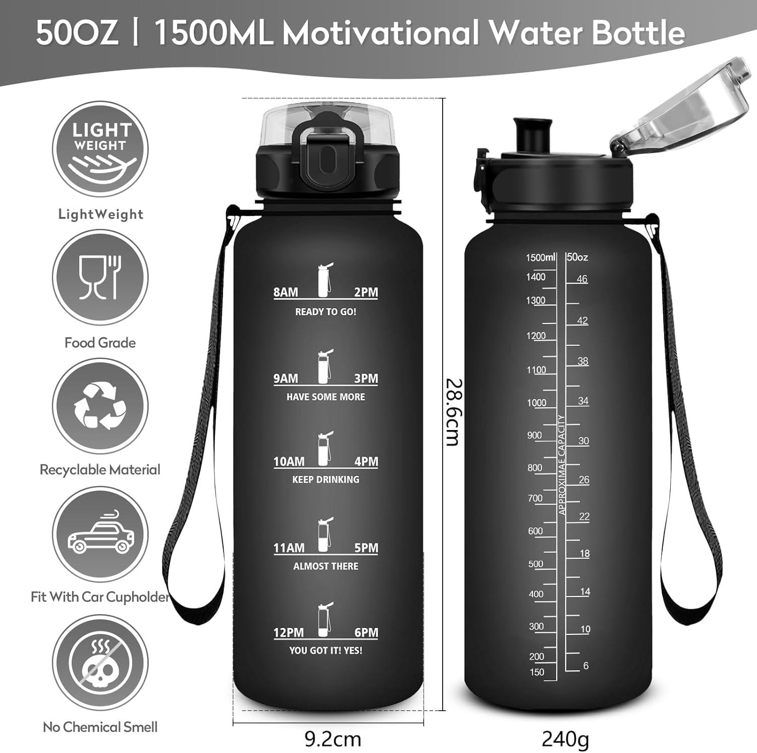 image:imageKollyKolla Gourde 15L Gourde Sport Bouteille Gym tanche ampamp Rutilisable Bouteille deau avec Marqueur de Temps Gourdes Gradue pour 1 Journee sans BPA lcole Voyage Camping Randonne50oz1500ml Mat Noir