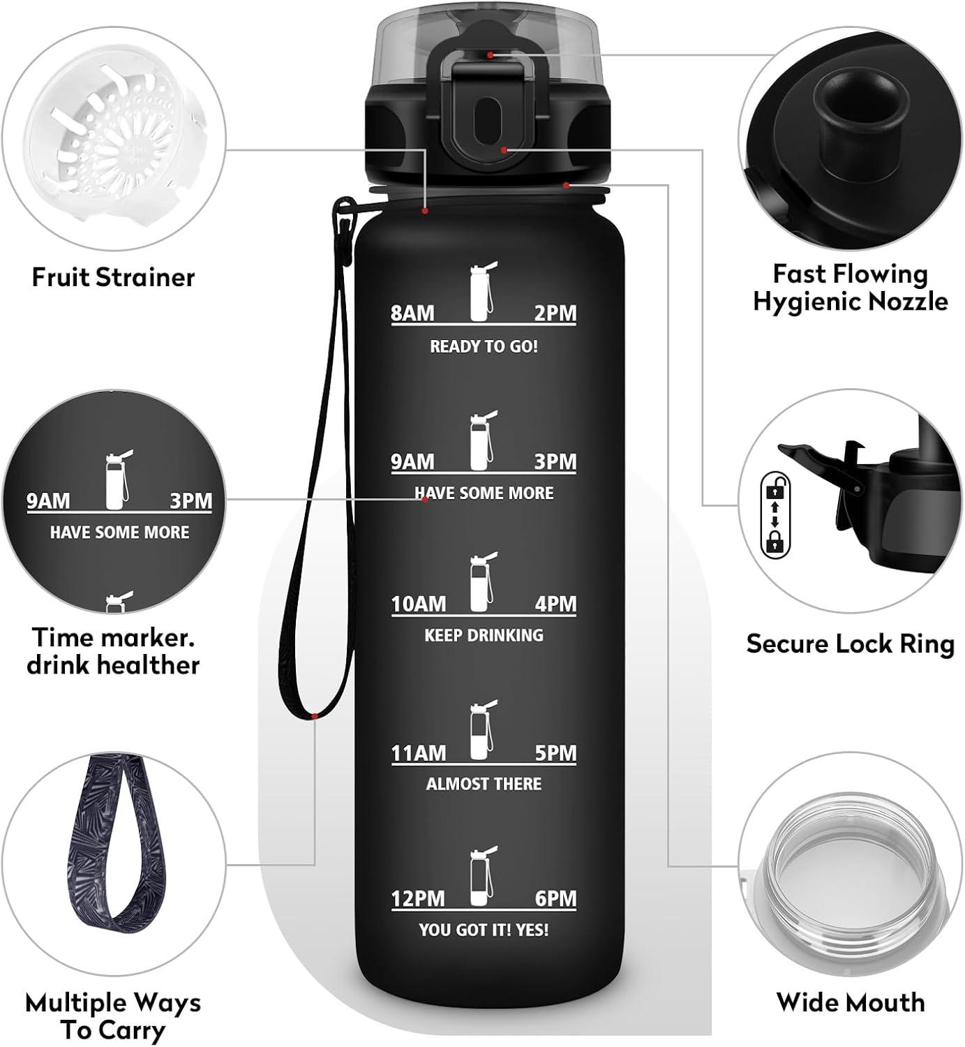 image:imageKollyKolla Gourde 15L Gourde Sport Bouteille Gym tanche ampamp Rutilisable Bouteille deau avec Marqueur de Temps Gourdes Gradue pour 1 Journee sans BPA lcole Voyage Camping Randonne17oz500ml Mat Noir