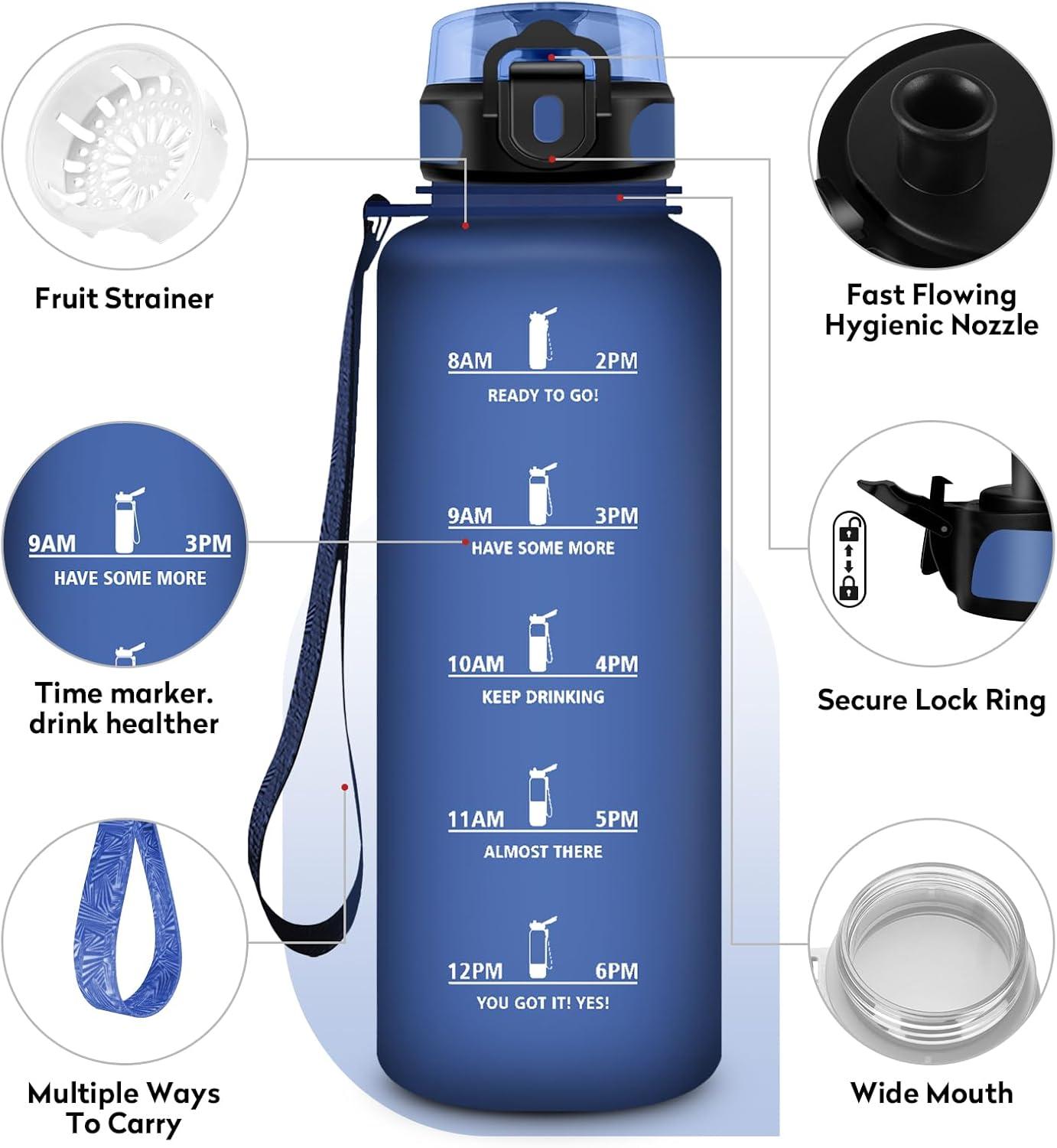 image:imageKollyKolla Gourde 15L Gourde Sport Bouteille Gym tanche ampamp Rutilisable Bouteille deau avec Marqueur de Temps Gourdes Gradue pour 1 Journee sans BPA lcole Voyage Camping Randonne50oz1500ml Mat Marine Bleu