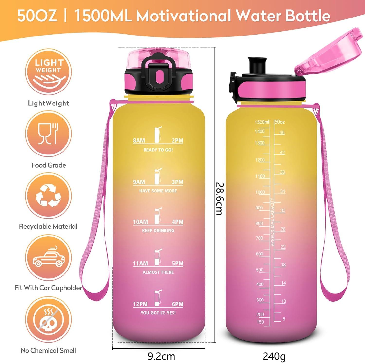 image:imageKollyKolla Gourde 15L Gourde Sport Bouteille Gym tanche ampamp Rutilisable Bouteille deau avec Marqueur de Temps Gourdes Gradue pour 1 Journee sans BPA lcole Voyage Camping Randonne50oz1500ml Jaune Rose