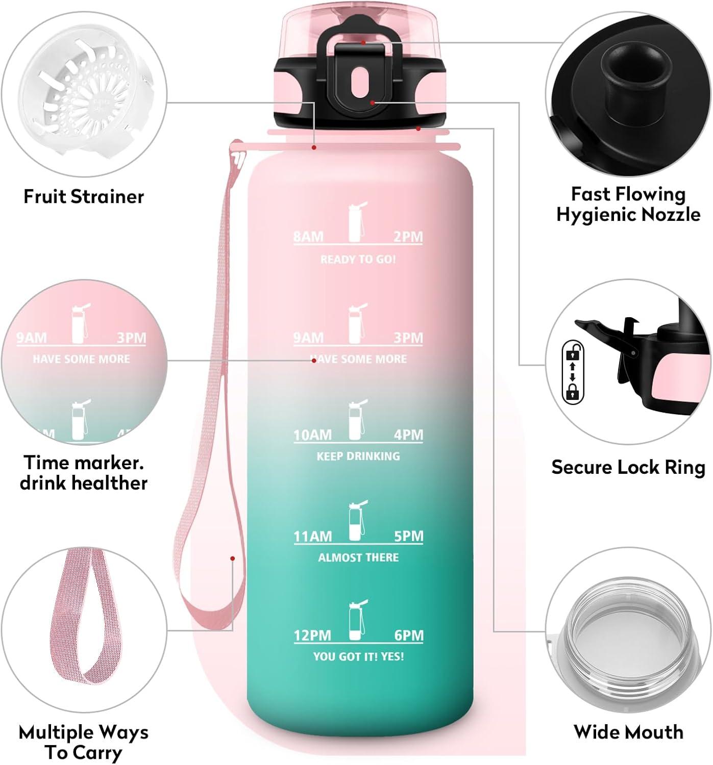 image:imageKollyKolla Gourde 15L Gourde Sport Bouteille Gym tanche ampamp Rutilisable Bouteille deau avec Marqueur de Temps Gourdes Gradue pour 1 Journee sans BPA lcole Voyage Camping Randonne50oz1500ml Rose Cyan