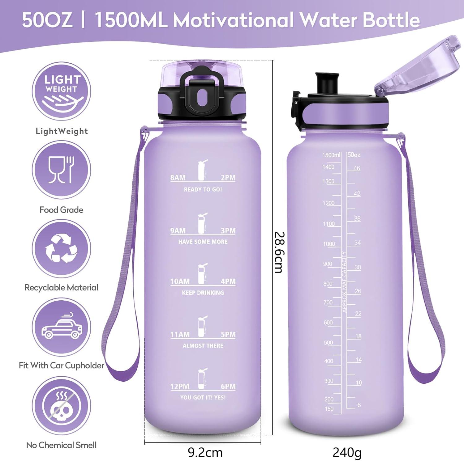 image:imageKollyKolla Gourde 15L Gourde Sport Bouteille Gym tanche ampamp Rutilisable Bouteille deau avec Marqueur de Temps Gourdes Gradue pour 1 Journee sans BPA lcole Voyage Camping Randonne50oz1500ml Mat Violet Clair
