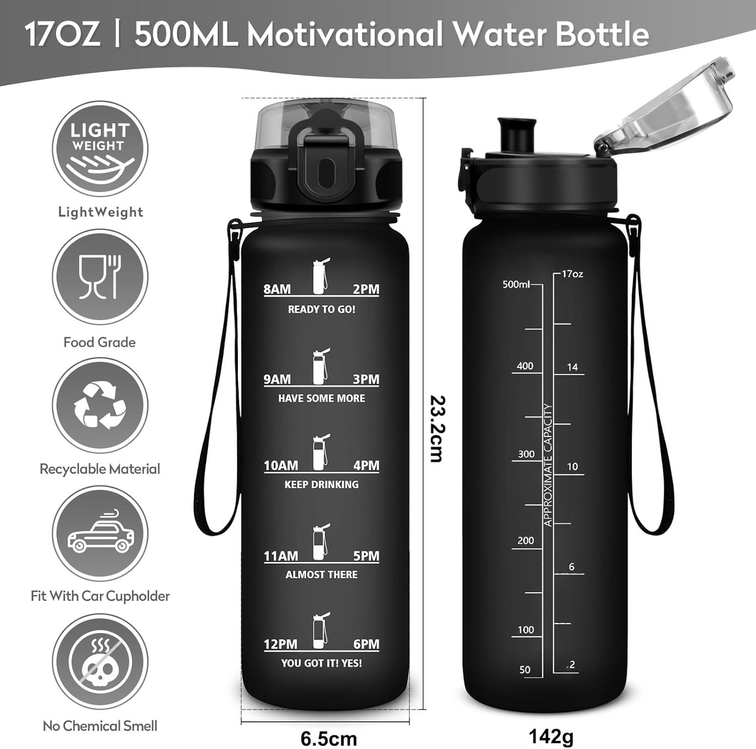 image:imageKollyKolla Gourde 15L Gourde Sport Bouteille Gym tanche ampamp Rutilisable Bouteille deau avec Marqueur de Temps Gourdes Gradue pour 1 Journee sans BPA lcole Voyage Camping Randonne17oz500ml Mat Noir