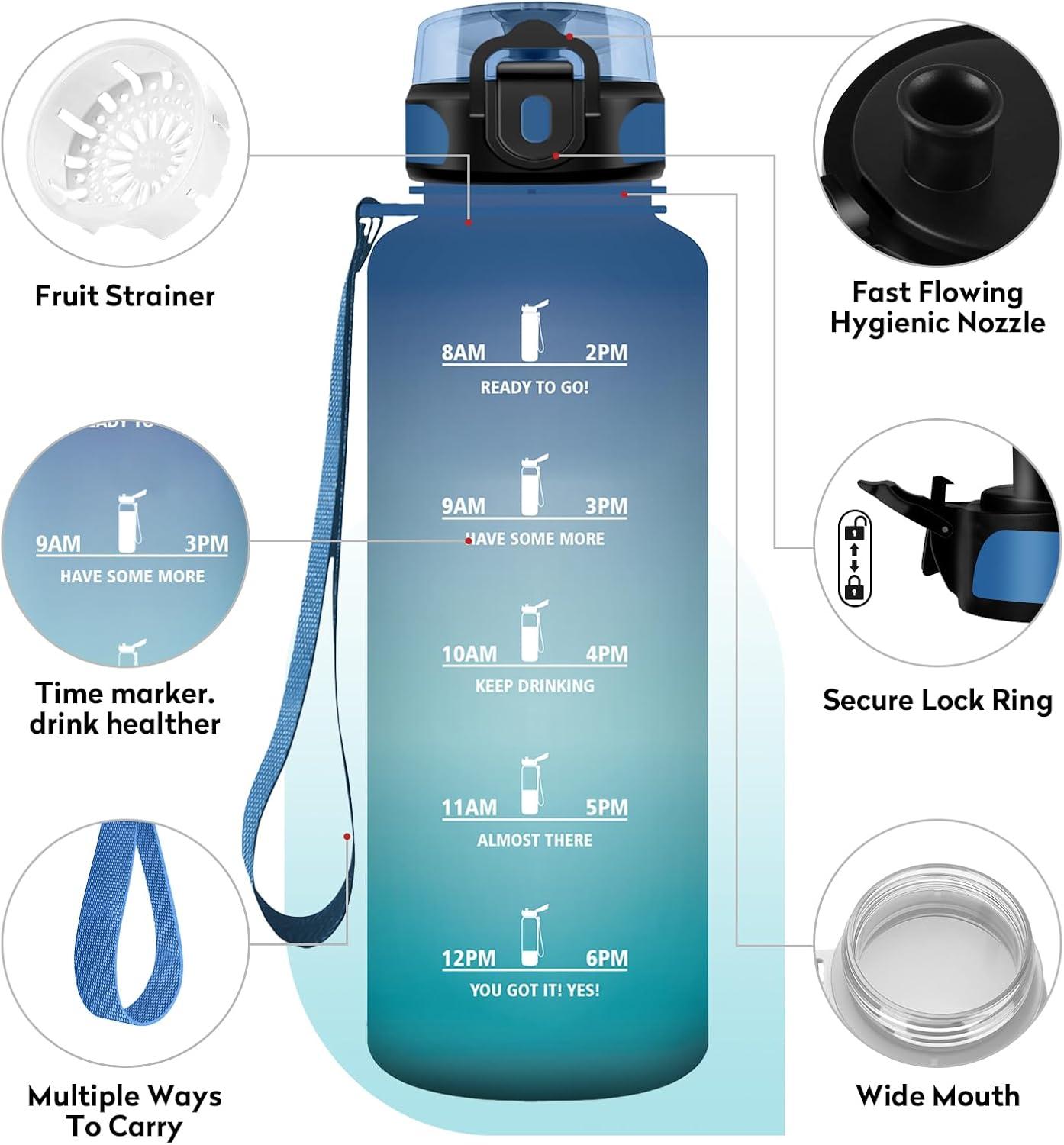 image:imageKollyKolla Gourde 15L Gourde Sport Bouteille Gym tanche ampamp Rutilisable Bouteille deau avec Marqueur de Temps Gourdes Gradue pour 1 Journee sans BPA lcole Voyage Camping Randonne50oz1500ml Bleu Vert
