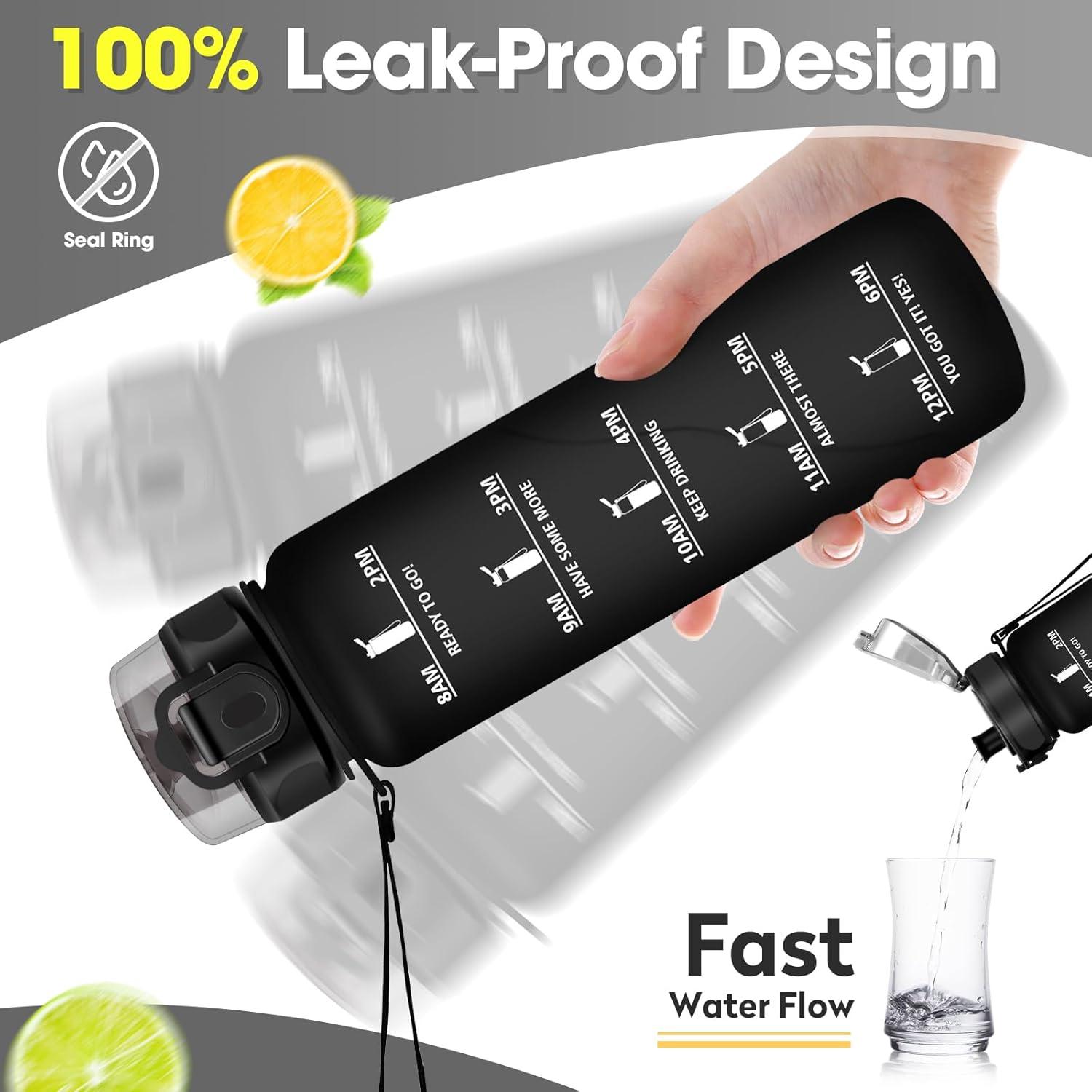 image:imageKollyKolla Gourde 15L Gourde Sport Bouteille Gym tanche ampamp Rutilisable Bouteille deau avec Marqueur de Temps Gourdes Gradue pour 1 Journee sans BPA lcole Voyage Camping Randonne32oz1000ml Mat Noir