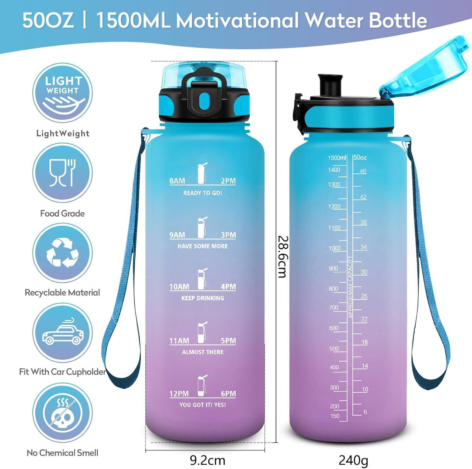 image:imageKollyKolla Gourde 15L Gourde Sport Bouteille Gym tanche ampamp Rutilisable Bouteille deau avec Marqueur de Temps Gourdes Gradue pour 1 Journee sans BPA lcole Voyage Camping Randonne50oz1500ml Bleu Lilas