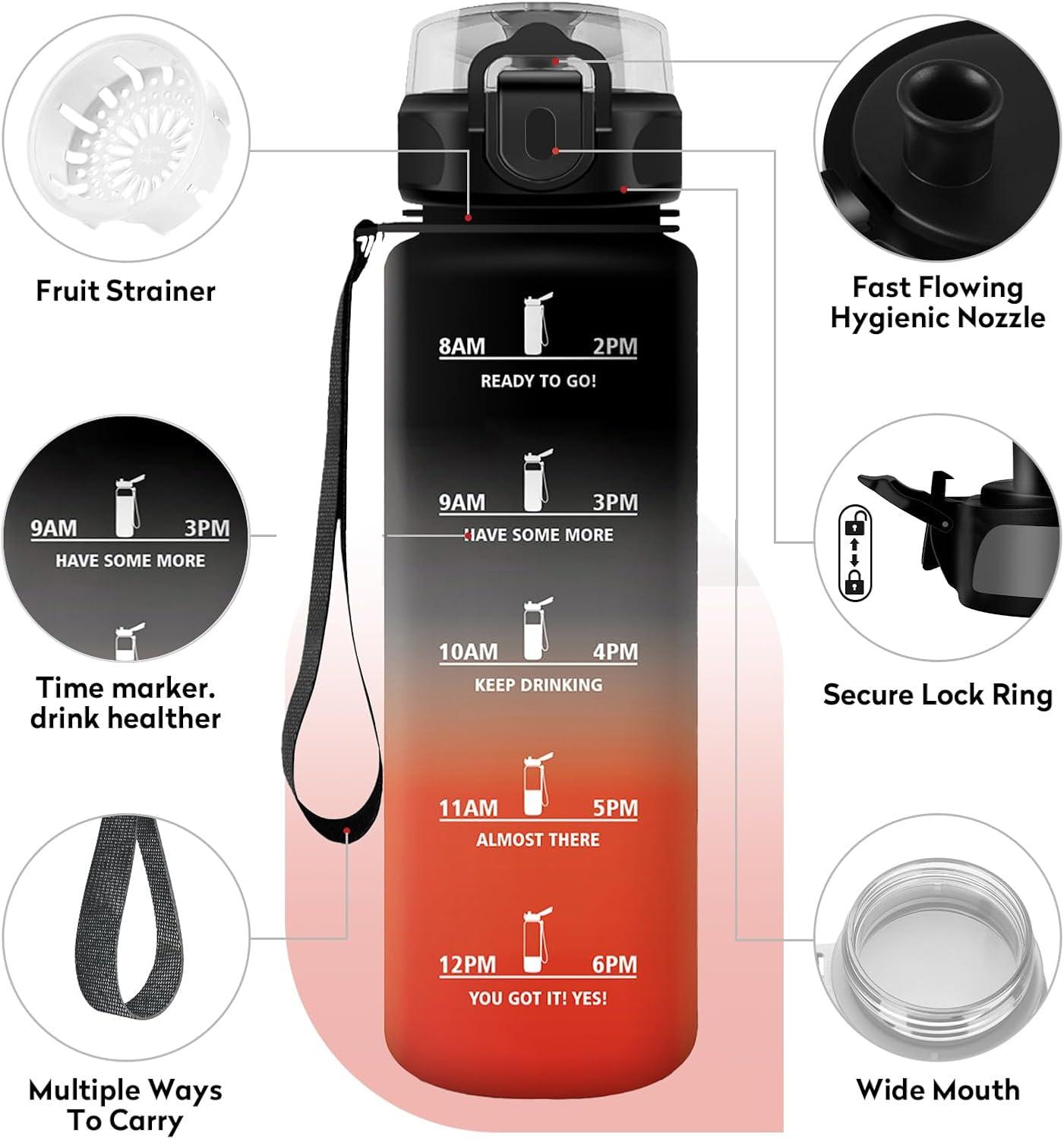 image:imageKollyKolla Gourde 15L Gourde Sport Bouteille Gym tanche ampamp Rutilisable Bouteille deau avec Marqueur de Temps Gourdes Gradue pour 1 Journee sans BPA lcole Voyage Camping Randonne32oz1000ml Noir Rouge