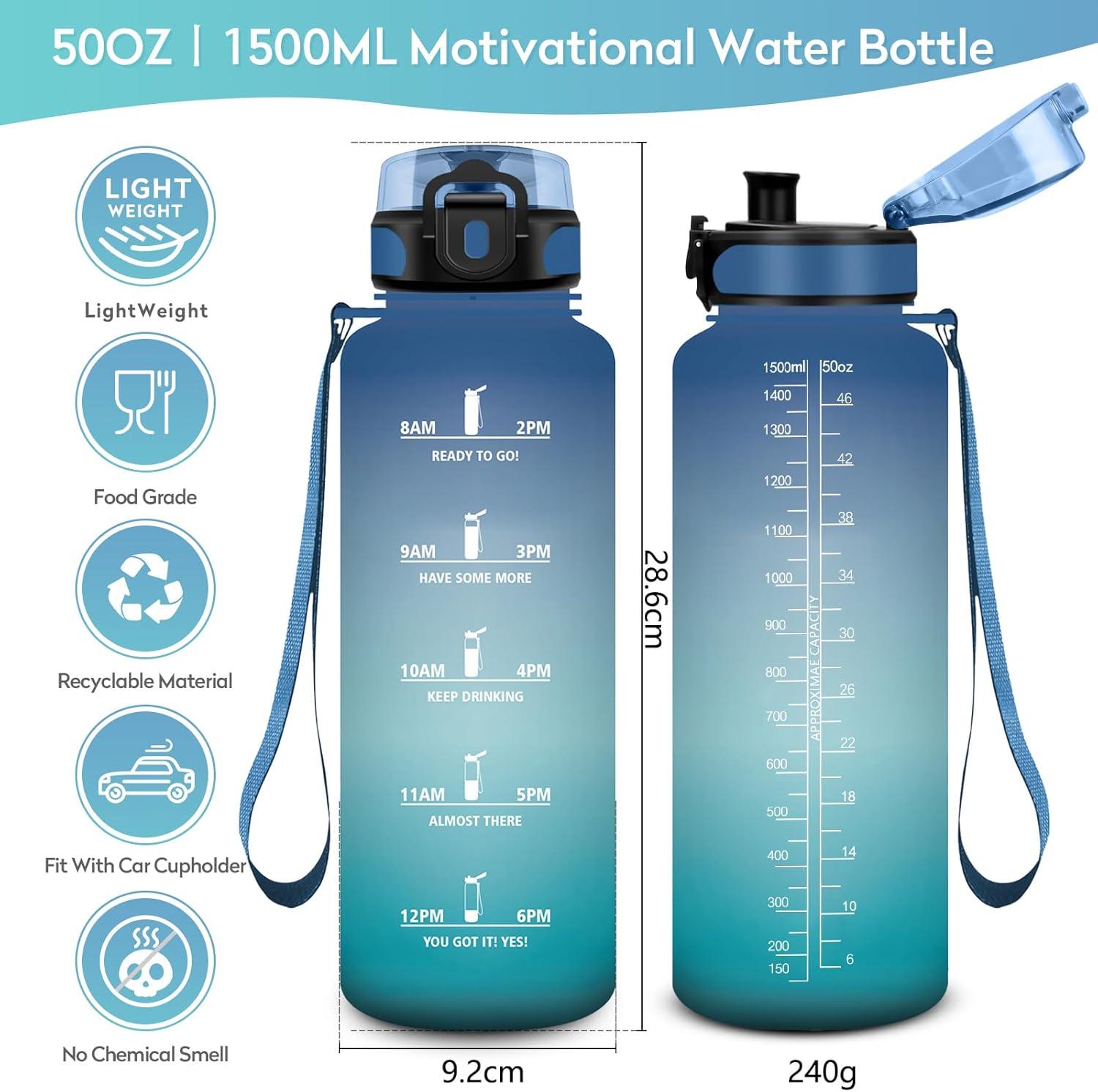 image:imageKollyKolla Gourde 15L Gourde Sport Bouteille Gym tanche ampamp Rutilisable Bouteille deau avec Marqueur de Temps Gourdes Gradue pour 1 Journee sans BPA lcole Voyage Camping Randonne50oz1500ml Bleu Vert