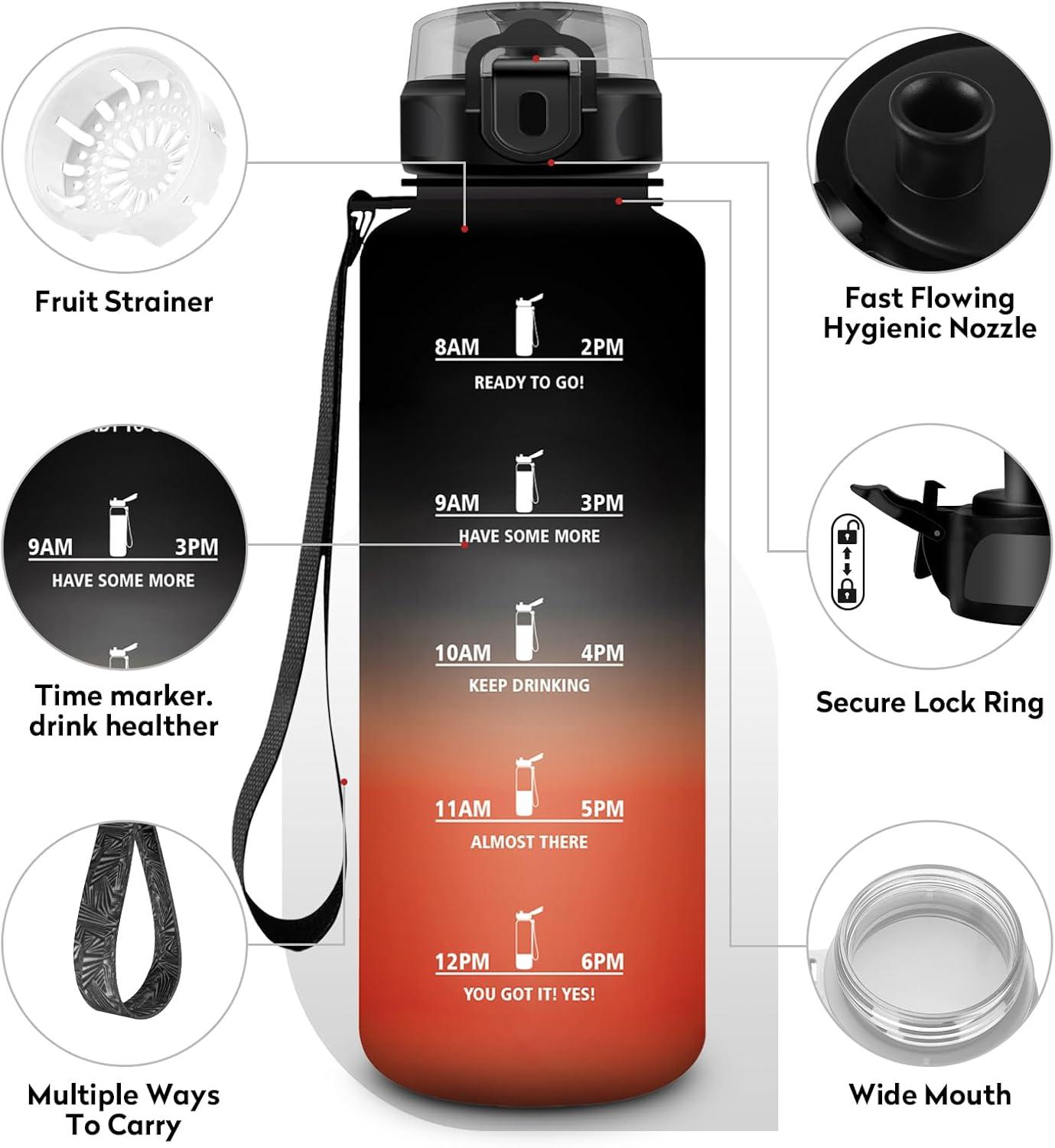 image:imageKollyKolla Gourde 15L Gourde Sport Bouteille Gym tanche ampamp Rutilisable Bouteille deau avec Marqueur de Temps Gourdes Gradue pour 1 Journee sans BPA lcole Voyage Camping Randonne50oz1500ml Noir Rouge