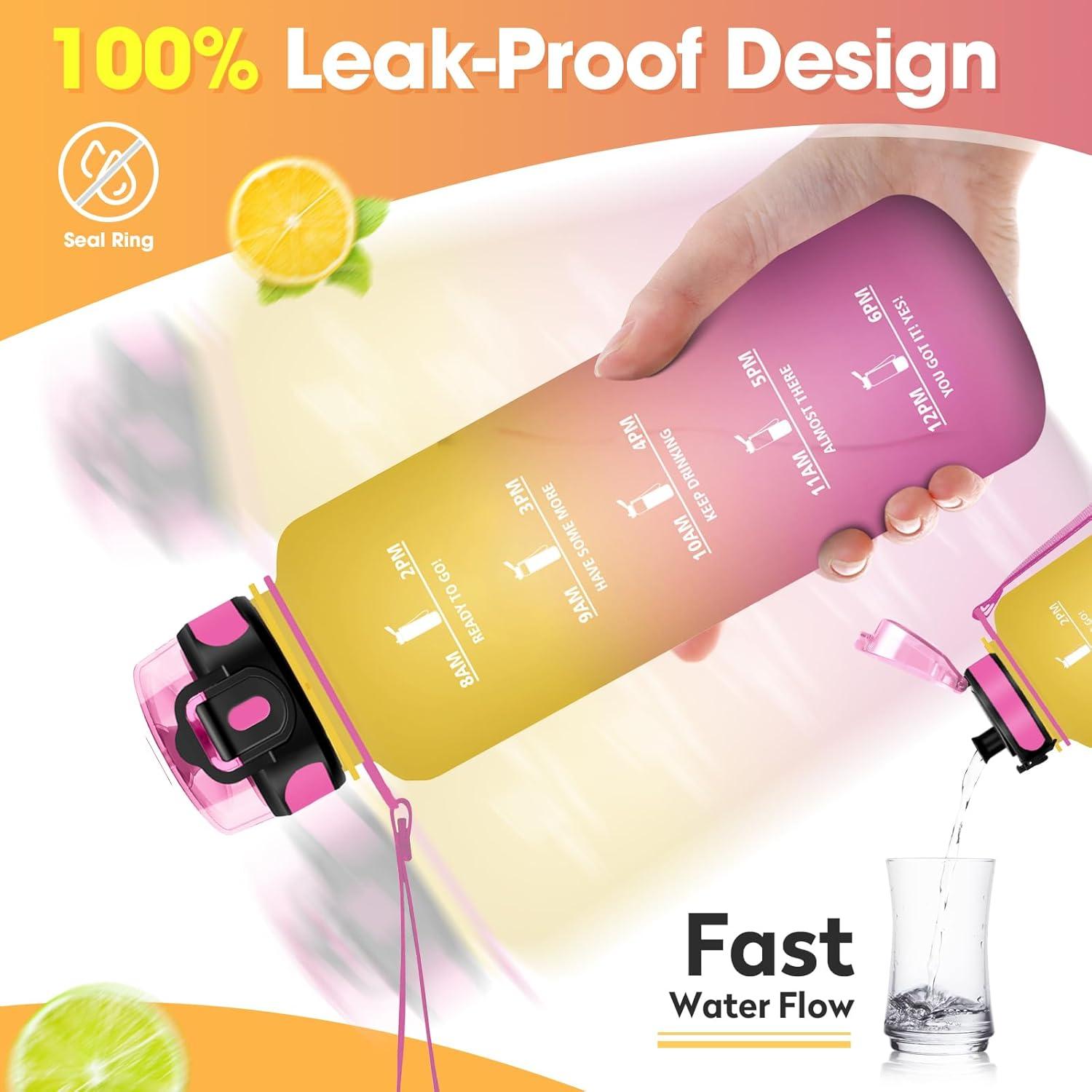 image:imageKollyKolla Gourde 15L Gourde Sport Bouteille Gym tanche ampamp Rutilisable Bouteille deau avec Marqueur de Temps Gourdes Gradue pour 1 Journee sans BPA lcole Voyage Camping Randonne50oz1500ml Jaune Rose