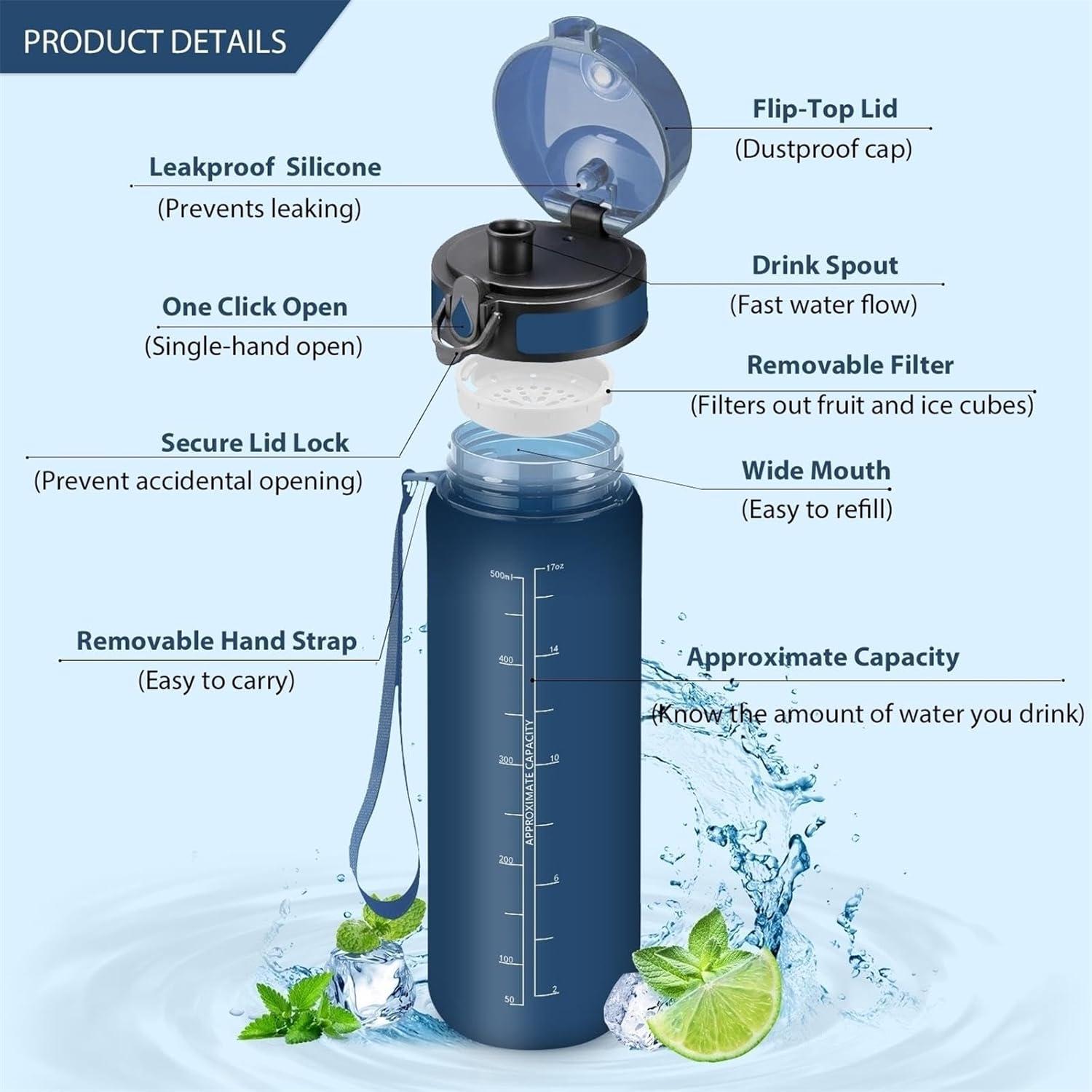 image:imageVikaster Bouteille deau Gourde 500ml1000ml1500ml sans BPA tanche ampamp Rutilisable Convient Pour la Sport Gourde Randonne Yoga Camping GymAbleu Marine Mat