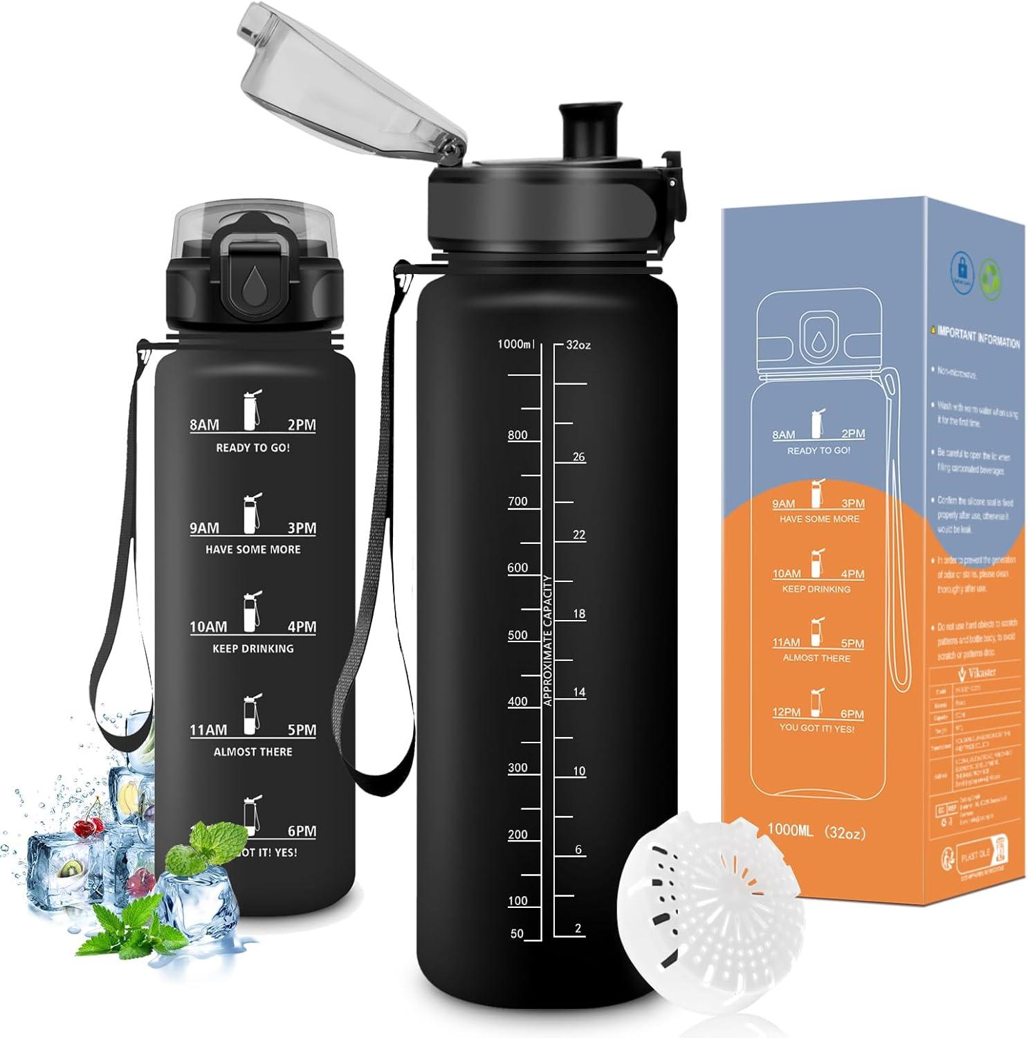 image:imageVikaster Bouteille deau Gourde 500ml1000ml1500ml sans BPA tanche ampamp Rutilisable Convient Pour la Sport Gourde Randonne Yoga Camping GymAmat Noir