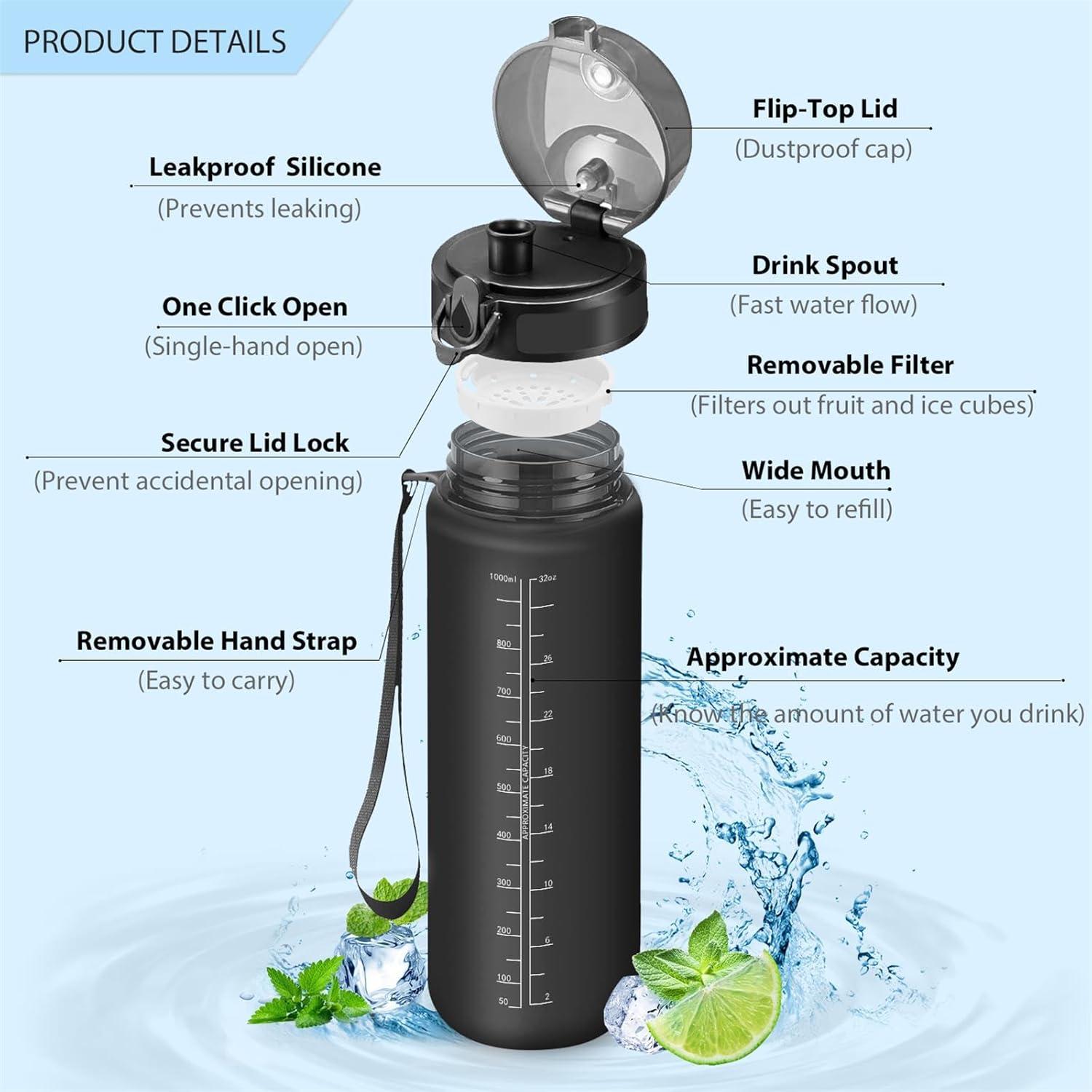image:imageVikaster Bouteille deau Gourde 500ml1000ml1500ml sans BPA tanche ampamp Rutilisable Convient Pour la Sport Gourde Randonne Yoga Camping GymAmat Noir