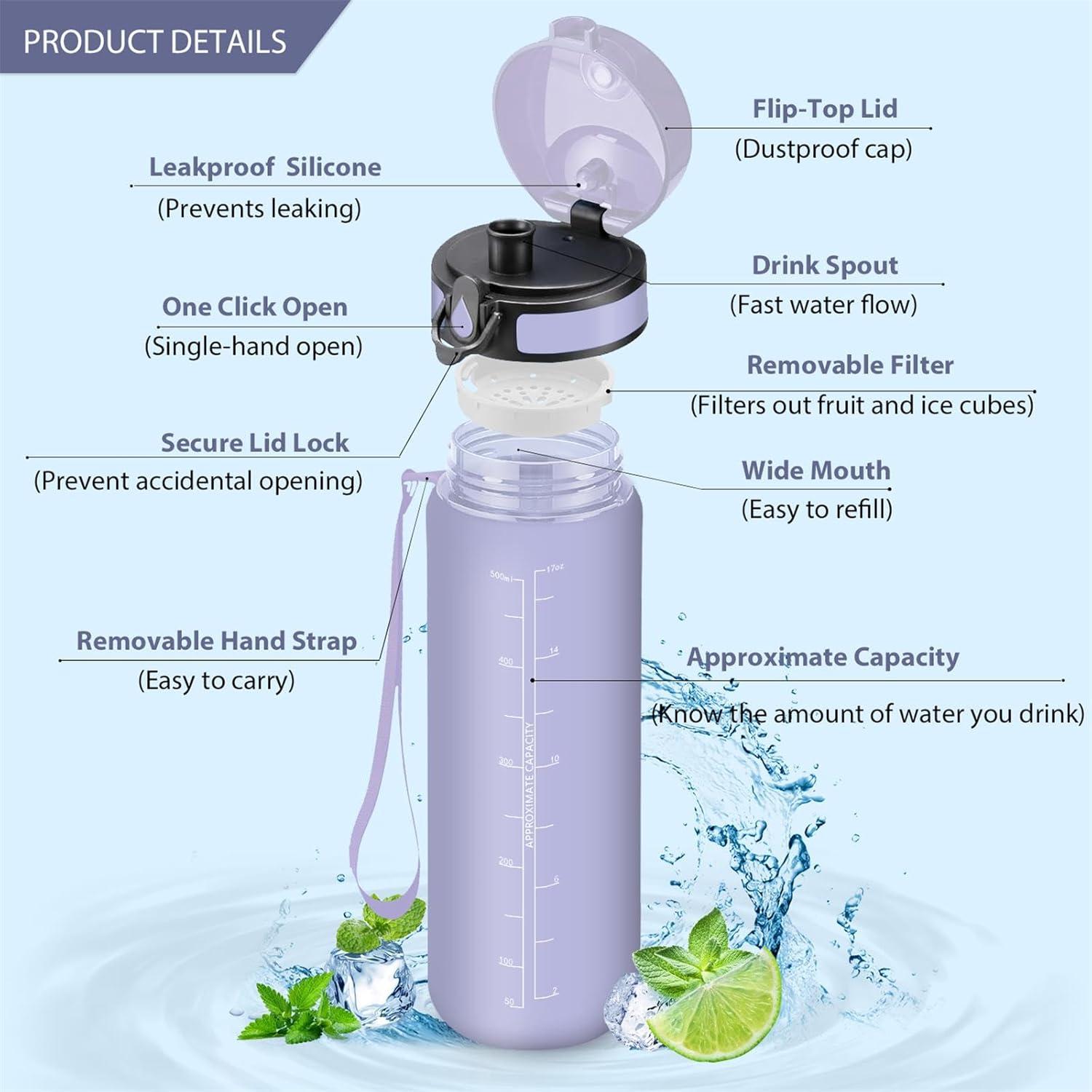 image:imageVikaster Bouteille deau Gourde 500ml1000ml1500ml sans BPA tanche ampamp Rutilisable Convient Pour la Sport Gourde Randonne Yoga Camping GymAviolet Clair