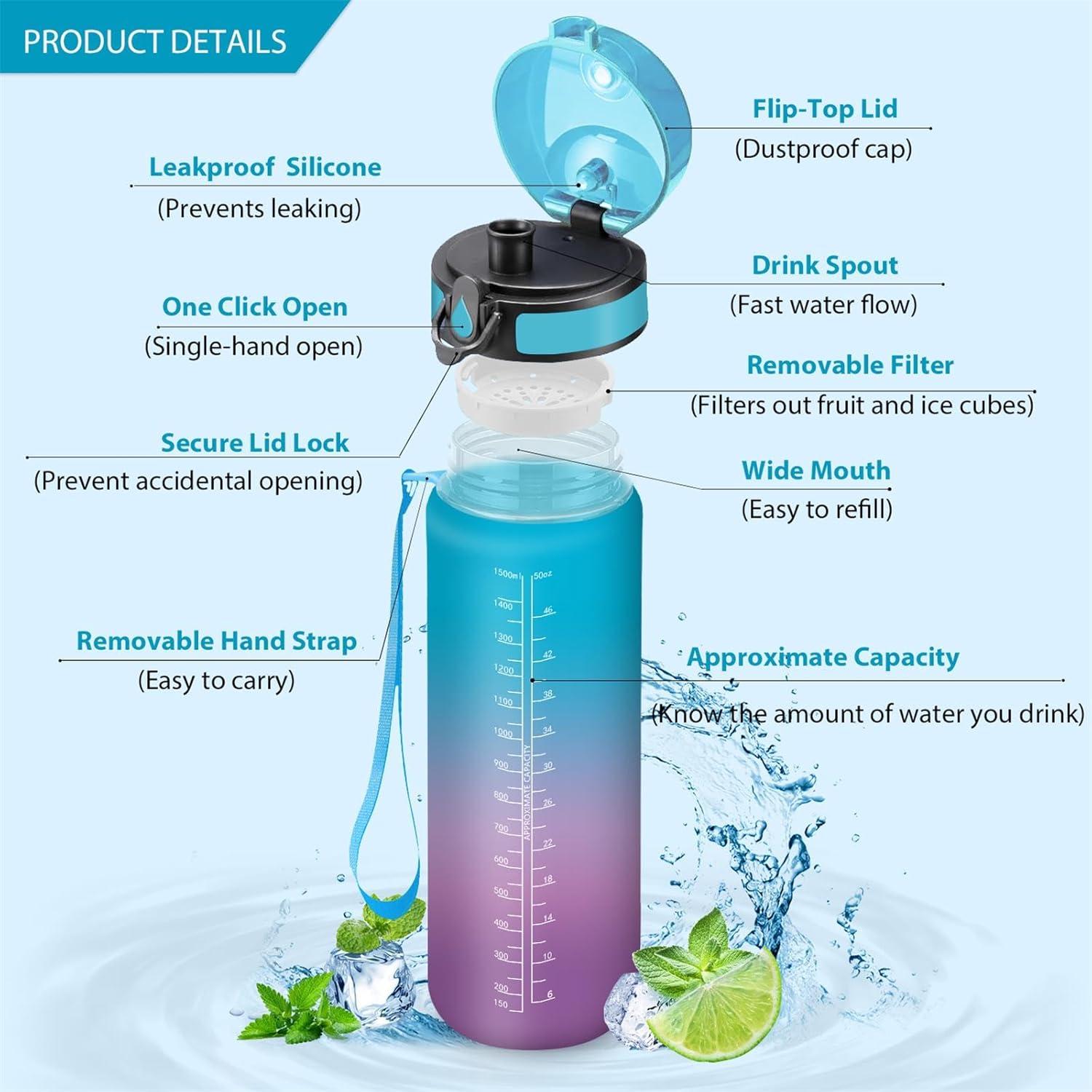 image:imageVikaster Bouteille deau Gourde 500ml1000ml1500ml sans BPA tanche ampamp Rutilisable Convient Pour la Sport Gourde Randonne Yoga Camping GymBbleu Violet