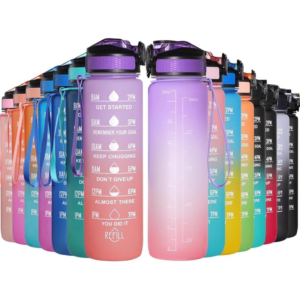 image:imageGeeRic Bouteille deau Bouteille deau de Sport 1000 ML avec chelle et Marqueur de Temps Grande Bouteille deau tanche pour la Salle de Sport en Plein AirRose et Violet