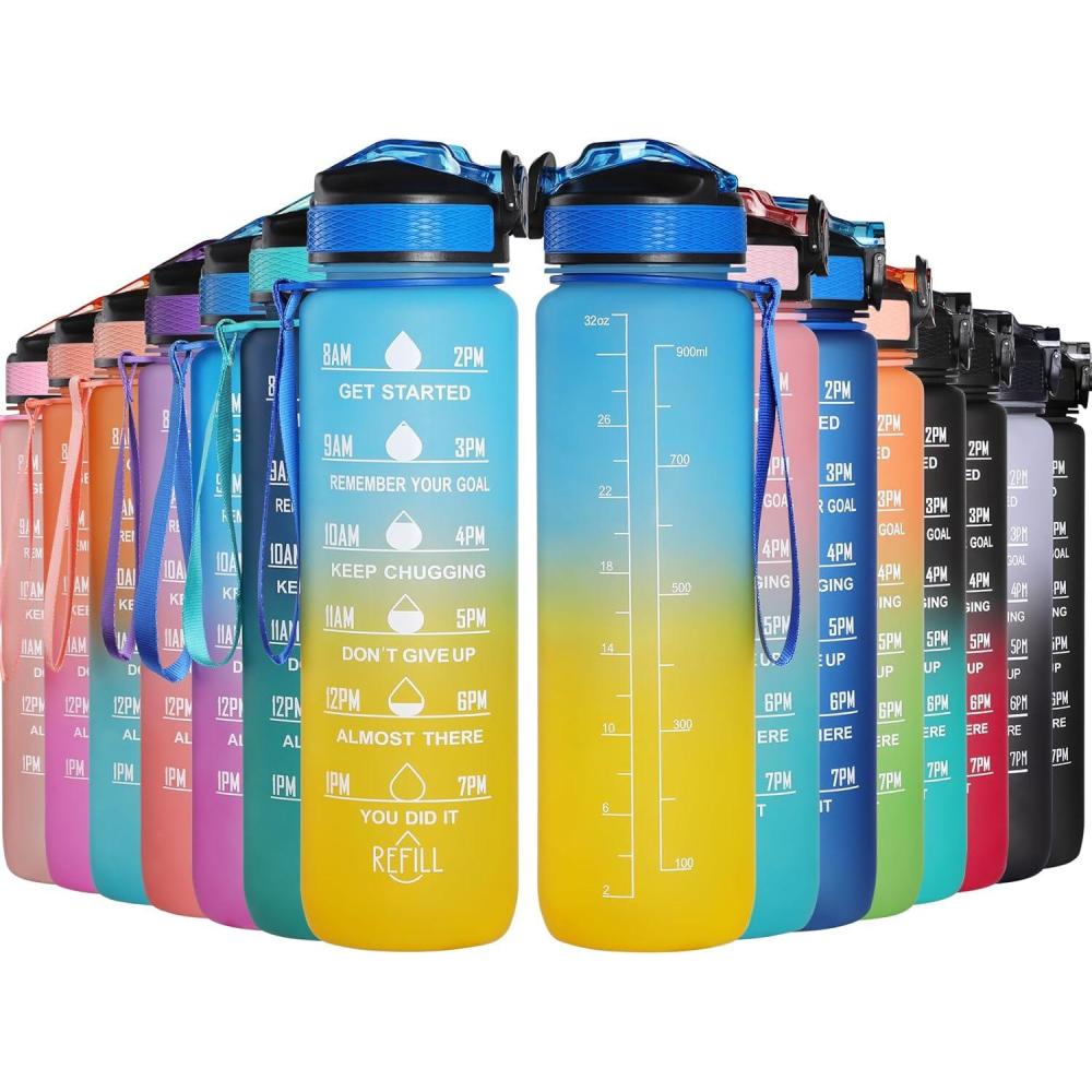 image:imageGeeRic Bouteille deau Bouteille deau de Sport 1000 ML avec chelle et Marqueur de Temps Grande Bouteille deau tanche pour la Salle de Sport en Plein AirDgrad Bleu et Jaune