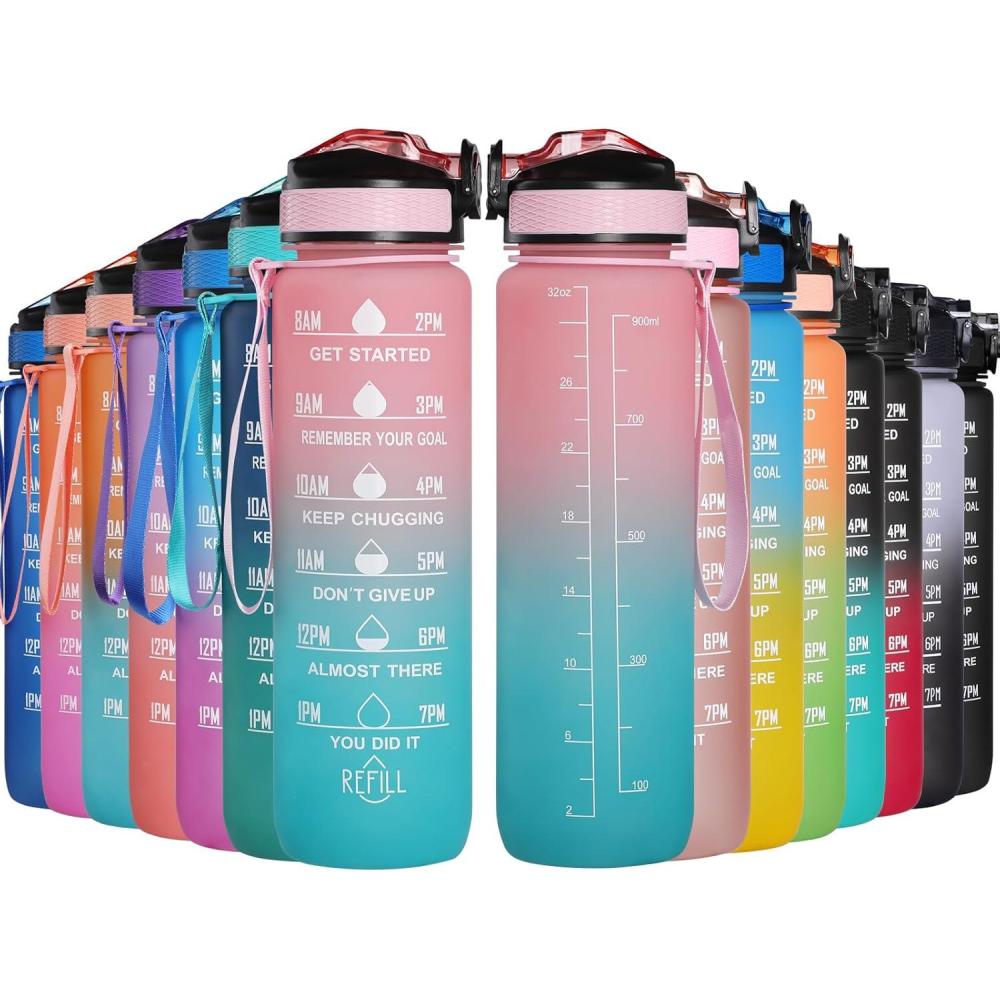 image:imageGeeRic Bouteille deau Bouteille deau de Sport 1000 ML avec chelle et Marqueur de Temps Grande Bouteille deau tanche pour la Salle de Sport en Plein AirRose et Bleu