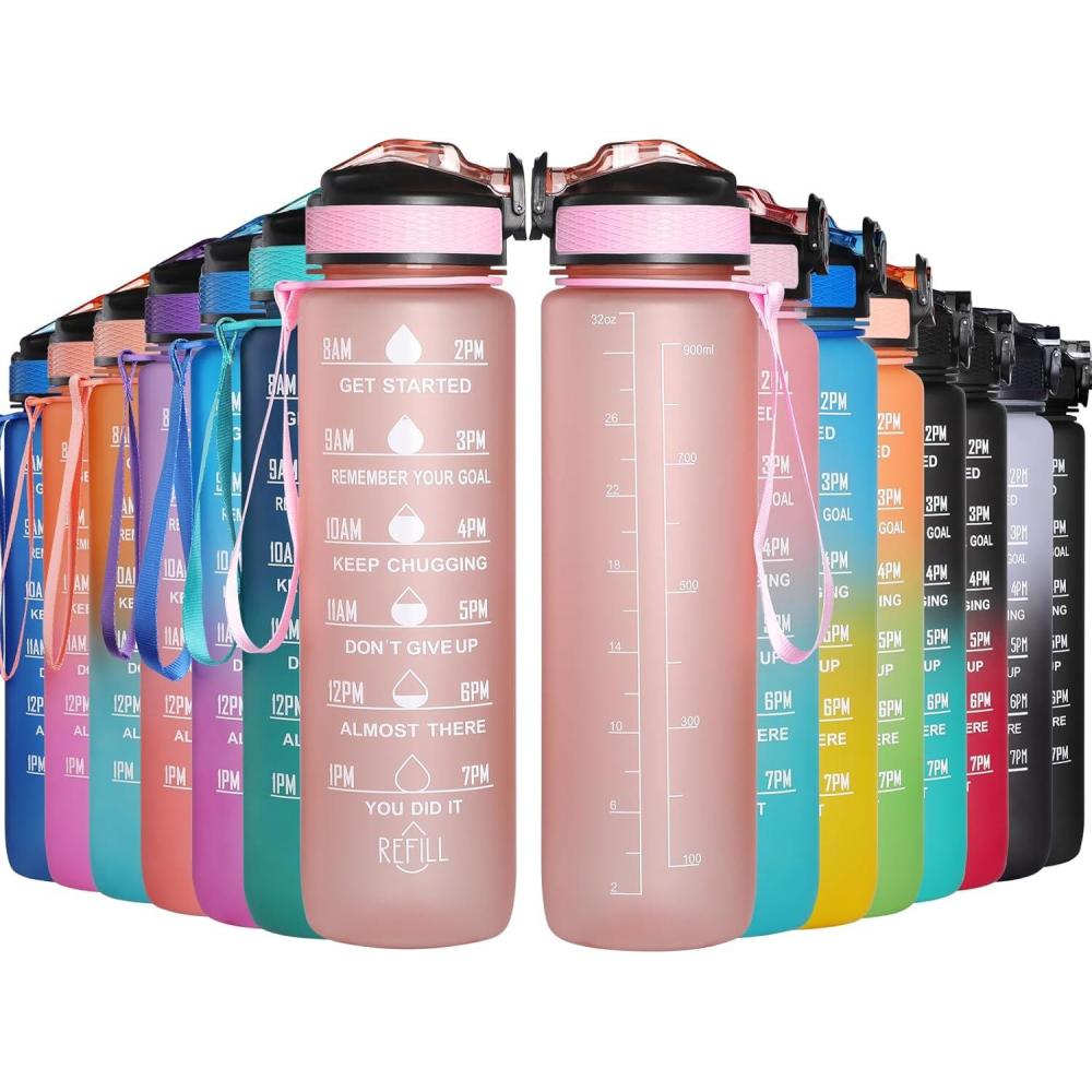 image:imageGeeRic Bouteille deau Bouteille deau de Sport 1000 ML avec chelle et Marqueur de Temps Grande Bouteille deau tanche pour la Salle de Sport en Plein AirRose