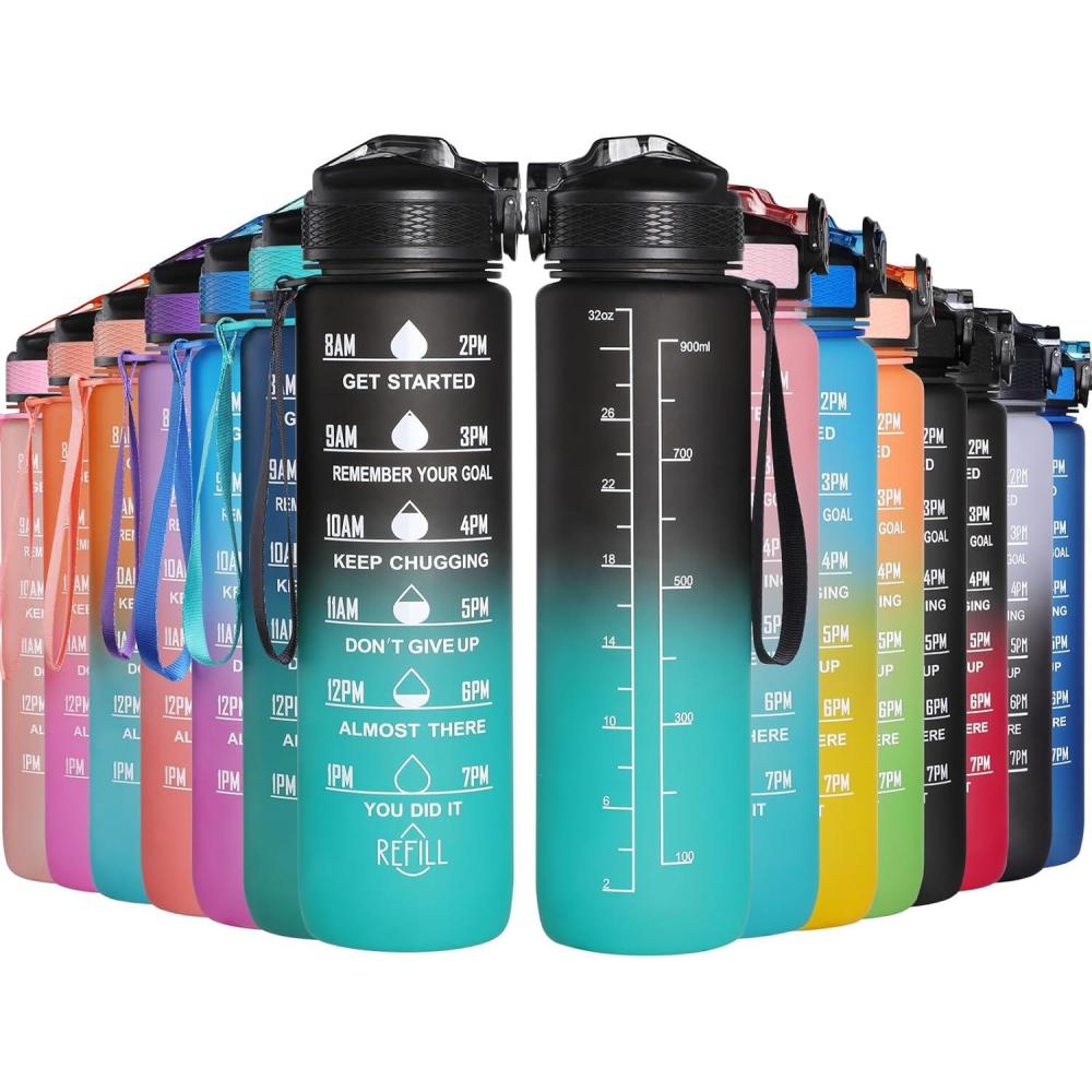 image:imageGeeRic Bouteille deau Bouteille deau de Sport 1000 ML avec chelle et Marqueur de Temps Grande Bouteille deau tanche pour la Salle de Sport en Plein AirNoir et Vert