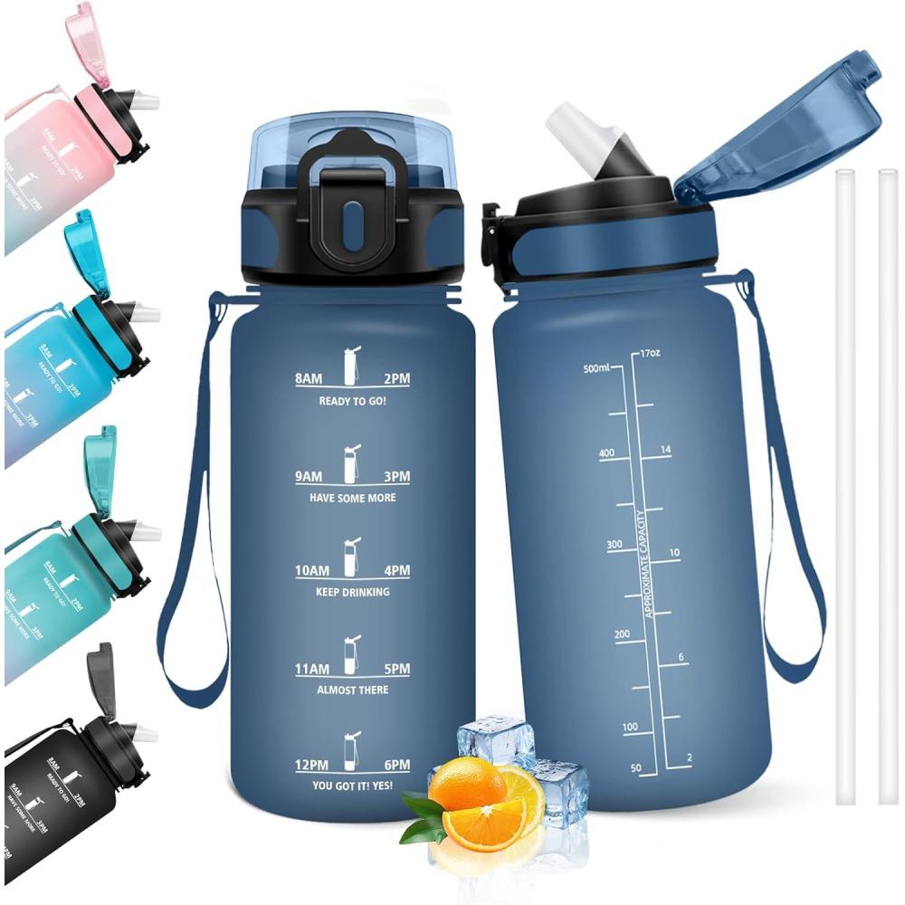 image:imageHoneyHolly Gourde 15L Bouteille Gourde Sport avec Paille Gourde Motivation avec Marqueur de Temps Bouteille deau tanche Bouteille deau pour Randonne Camping Fitness CyclismeBlu Blu 500ml