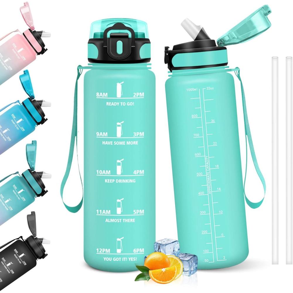 image:imageHoneyHolly Gourde 15L Bouteille Gourde Sport avec Paille Gourde Motivation avec Marqueur de Temps Bouteille deau tanche Bouteille deau pour Randonne Camping Fitness CyclismeBlu Verde 1000ml