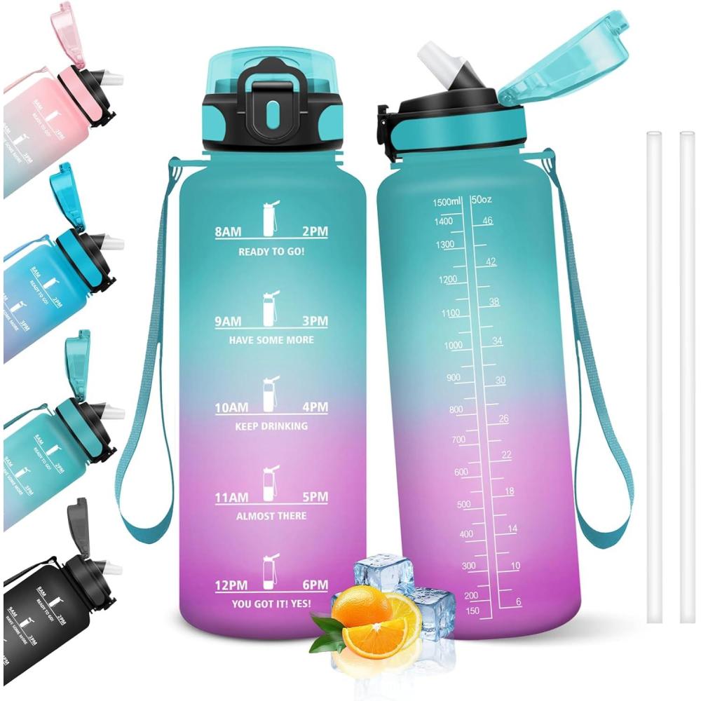 image:imageHoneyHolly Gourde 15L Bouteille Gourde Sport avec Paille Gourde Motivation avec Marqueur de Temps Bouteille deau tanche Bouteille deau pour Randonne Camping Fitness CyclismeVerde Ceramica 1500m