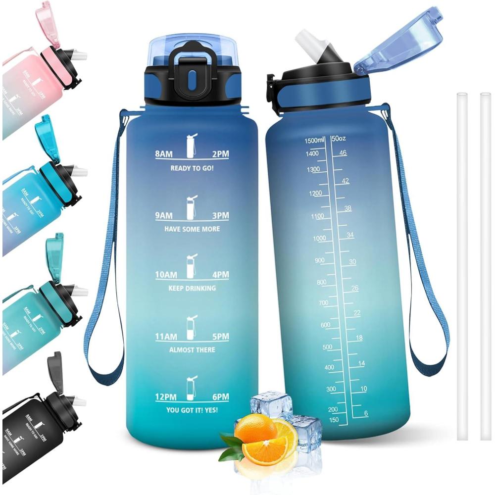 image:imageHoneyHolly Gourde 15L Bouteille Gourde Sport avec Paille Gourde Motivation avec Marqueur de Temps Bouteille deau tanche Bouteille deau pour Randonne Camping Fitness CyclismeBlu Viola 1500ml