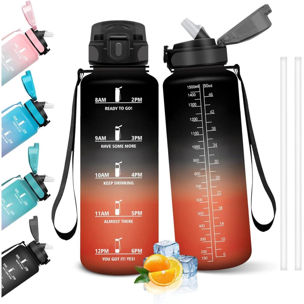 image:imageHoneyHolly Gourde 15L Bouteille Gourde Sport avec Paille Gourde Motivation avec Marqueur de Temps Bouteille deau tanche Bouteille deau pour Randonne Camping Fitness CyclismeNero Rosso 1500ml